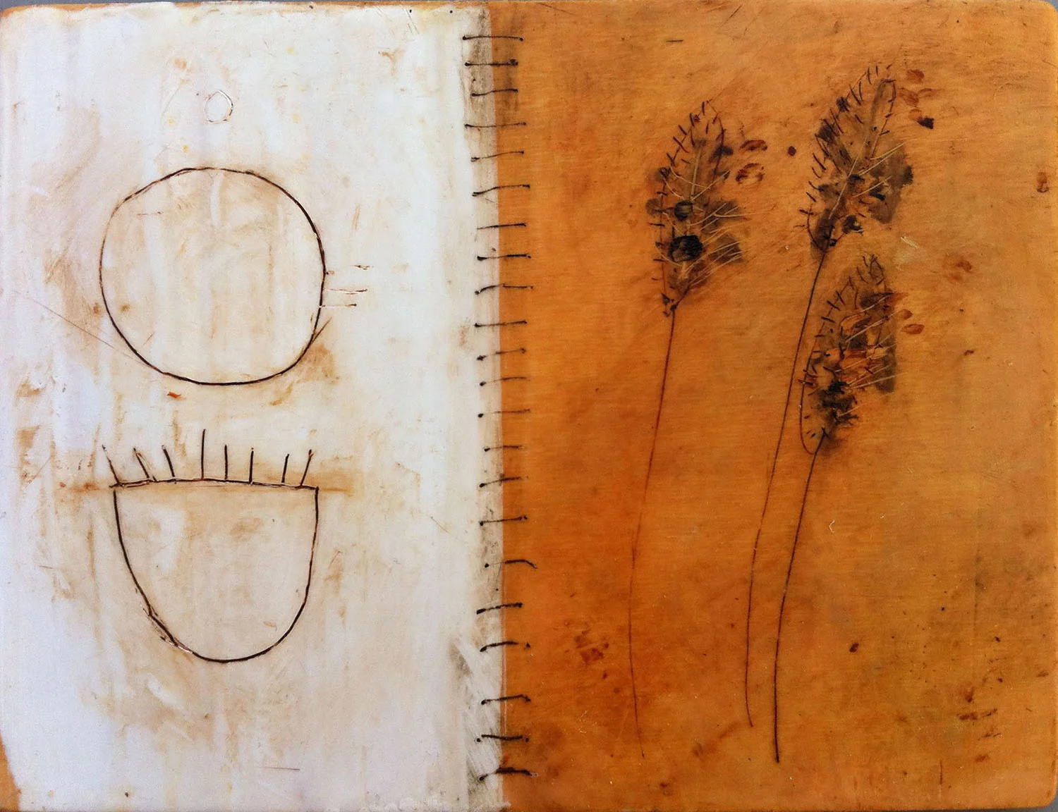 Ochre Spiral 8"x7" Encaustic and oil stick on wood panel