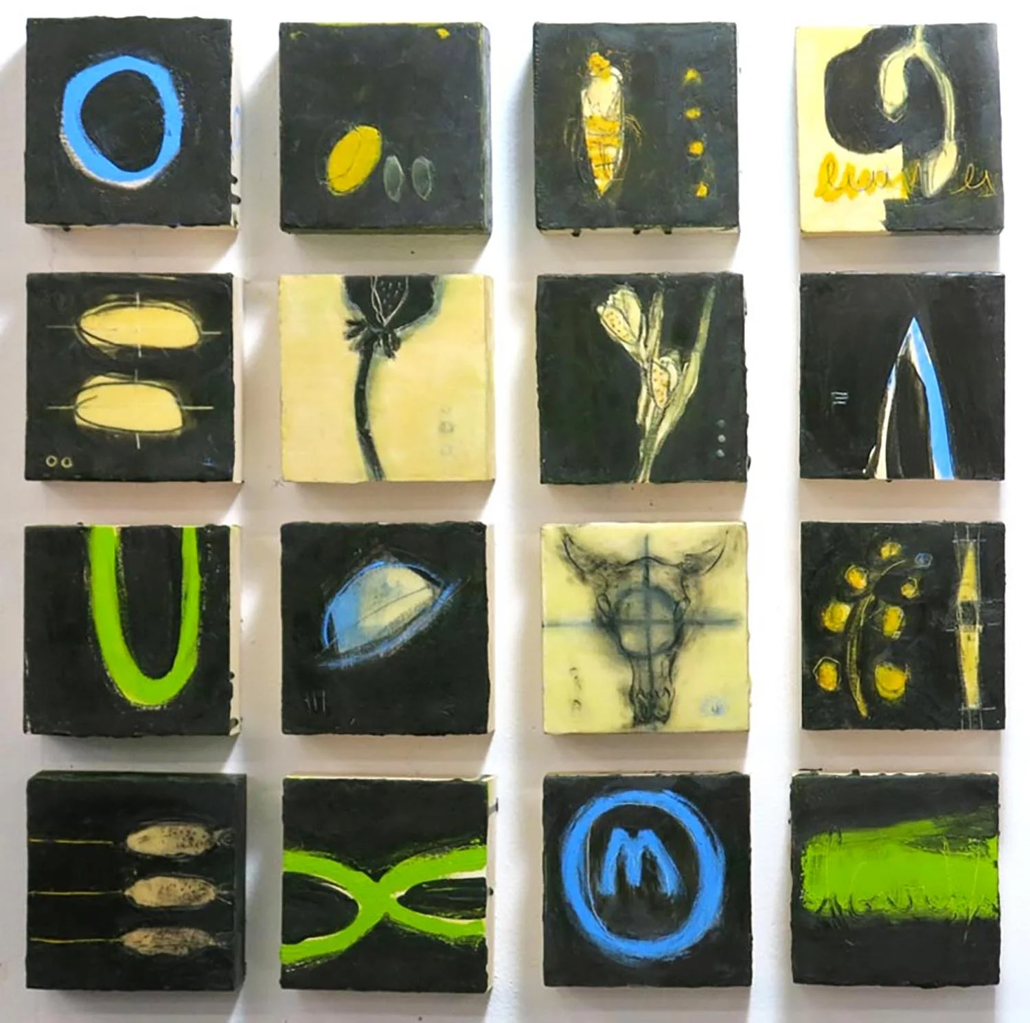 Four by Four, 16"x16" Encaustic and Oil stick on 16 cradled boards