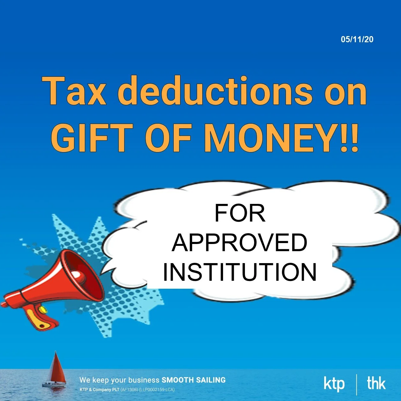 Tax deductions on gift of money for approved institution