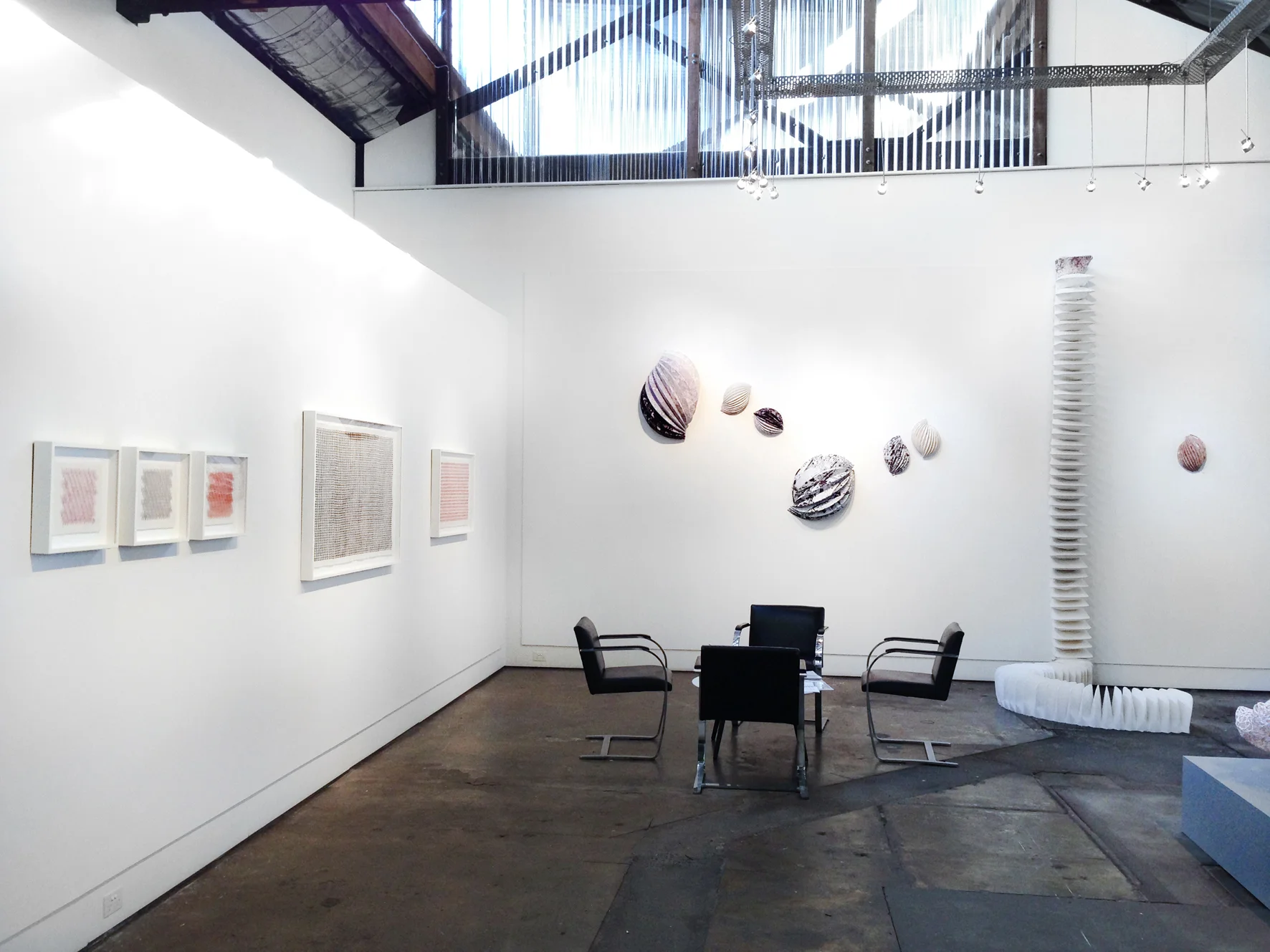 undefined objects, 2015, hand-printed linen & cotton, sewing thread, machine and hand sewn, dimensions variable, from A Piece of String Exhibition at Brenda May Gallery, Sydney. Photo courtesy of Brenda May Gallery.