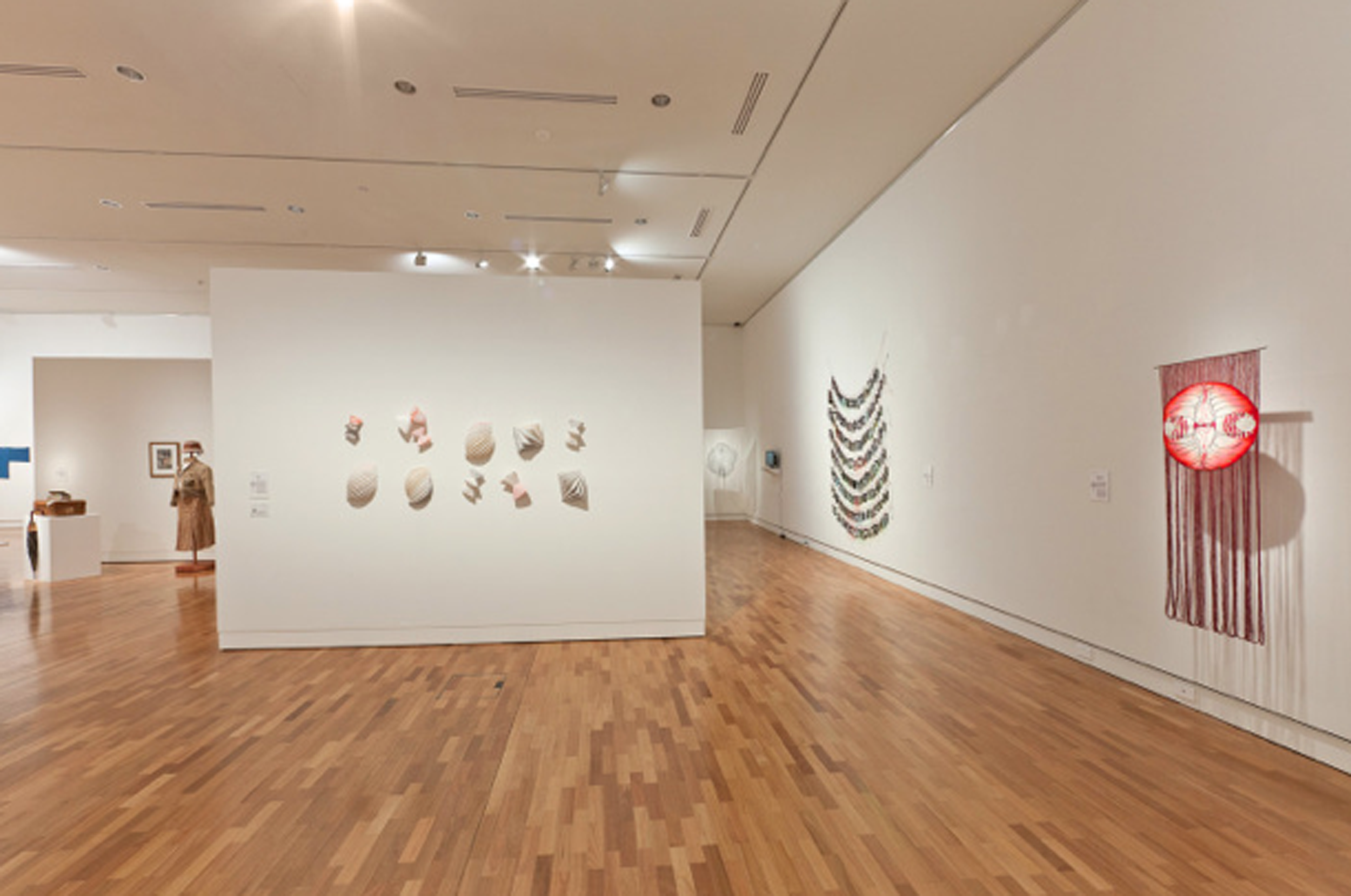 undefined objects, 2014, hand-printed linen & cotton, sewing thread, machine and hand sewn, dimensions variable, as installed in Group Exchange: 2nd Tamworth Textile Triennial.