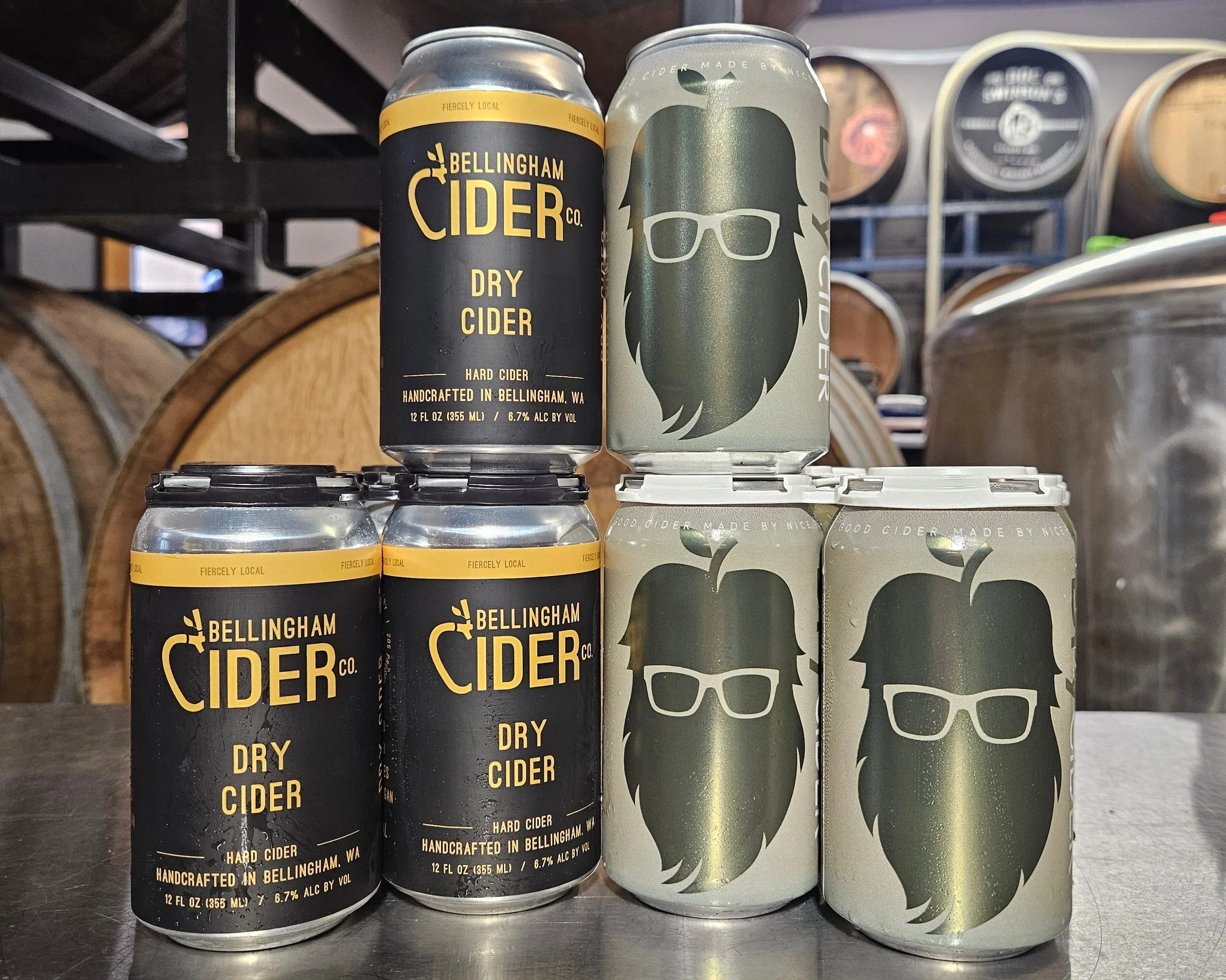Bellingham Cider Company cans next to Lost Giants cans