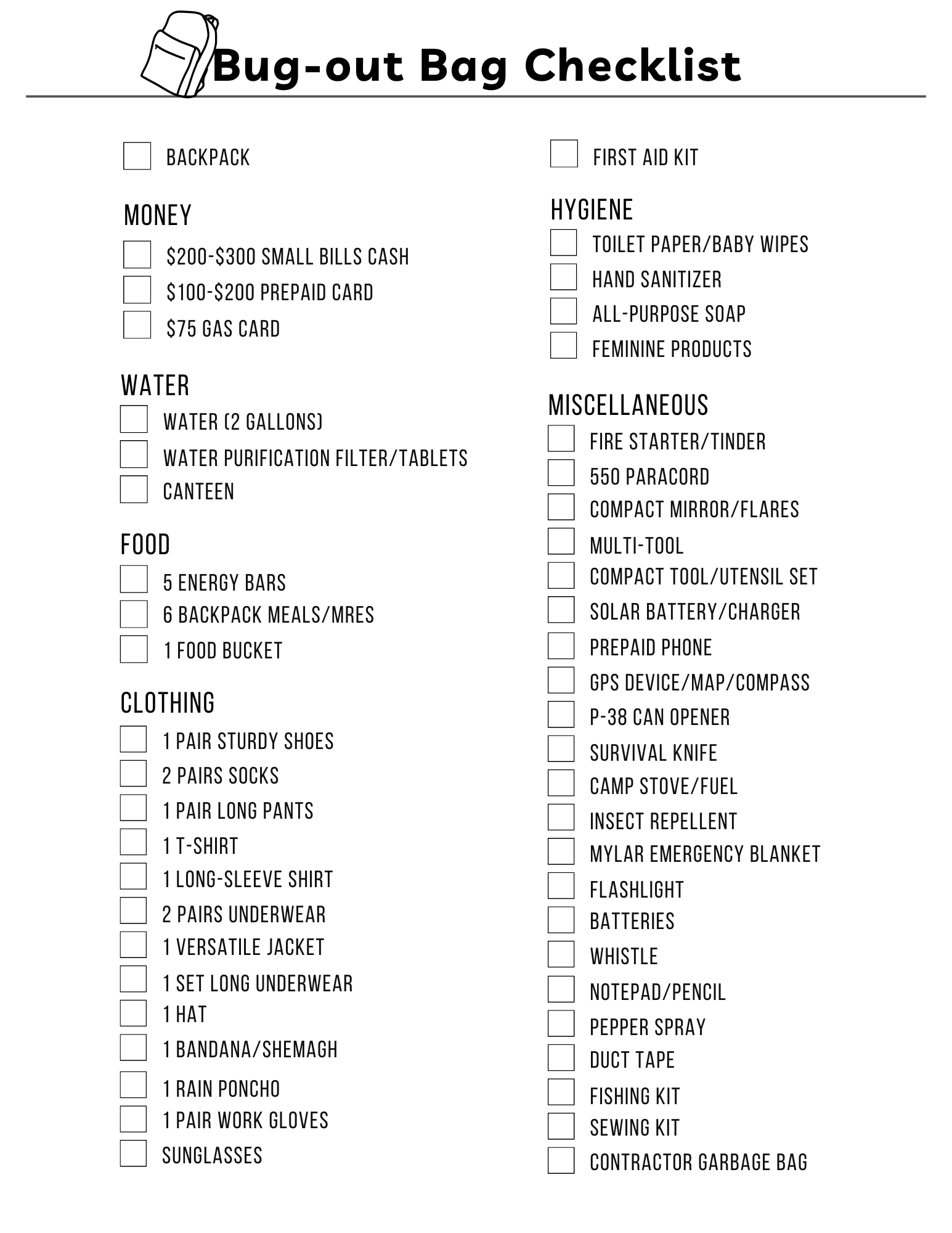 Survival Bag Item List Top Survival Necessities Free Printable 
