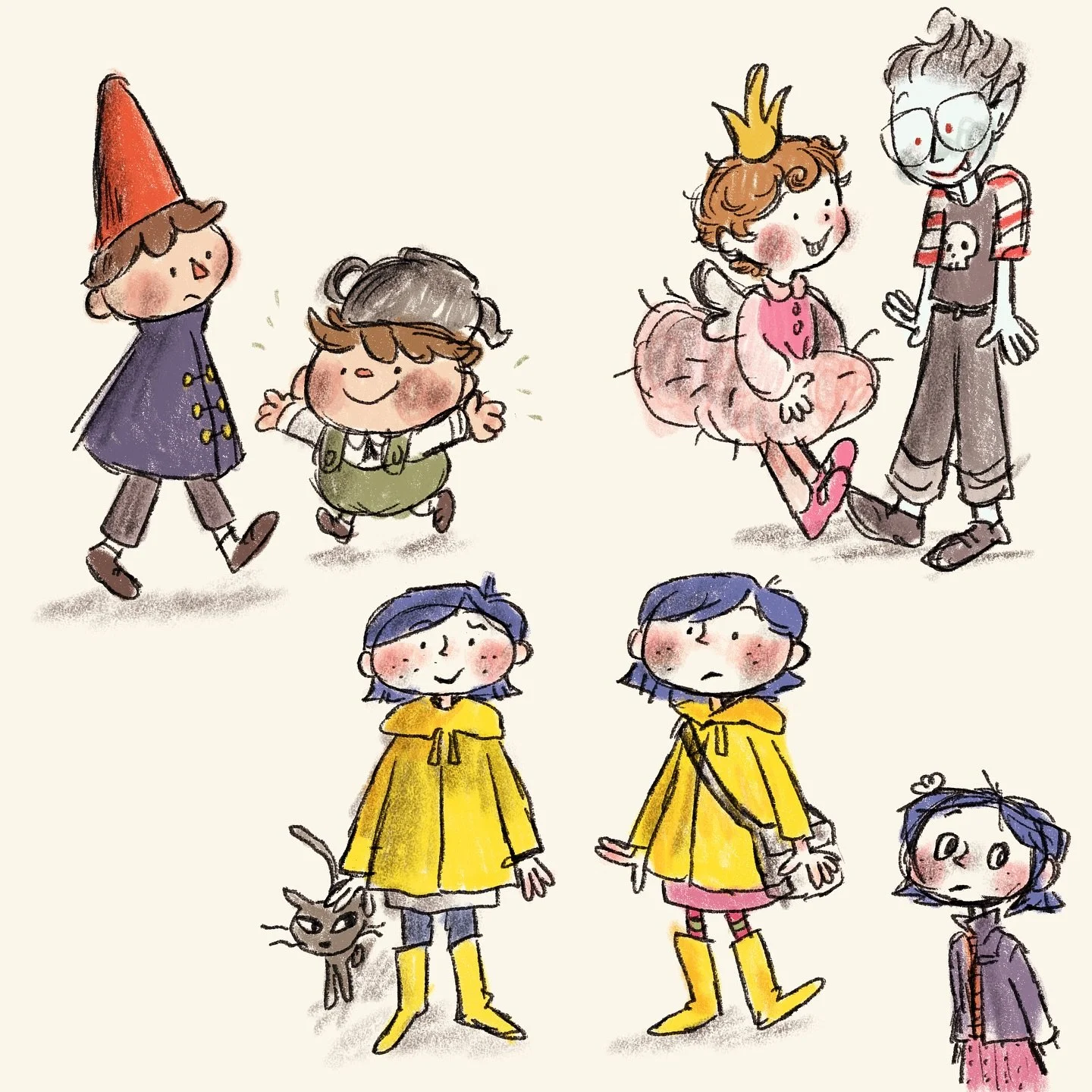 happy halloweeeeennnnn!! 🎃I like to spend the day watching spooky movie classics &amp; enjoying some cozy time indoors 

Sketched out some of my favorite halloween kiddos to try out some new brushes (do you know them all?)
--
🏷️ 
#overthegardenwall
