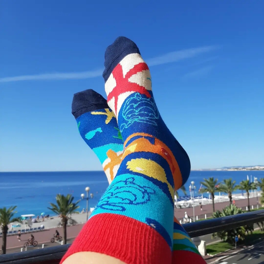 Enjoy your day! 🌴🐬🐠🐡🐙🏊&zwj;♀️🏄&zwj;♀️
.
.
.
.
.
#funsocks #mismatchedPAARsocks #downsyndromelove💙💛💙