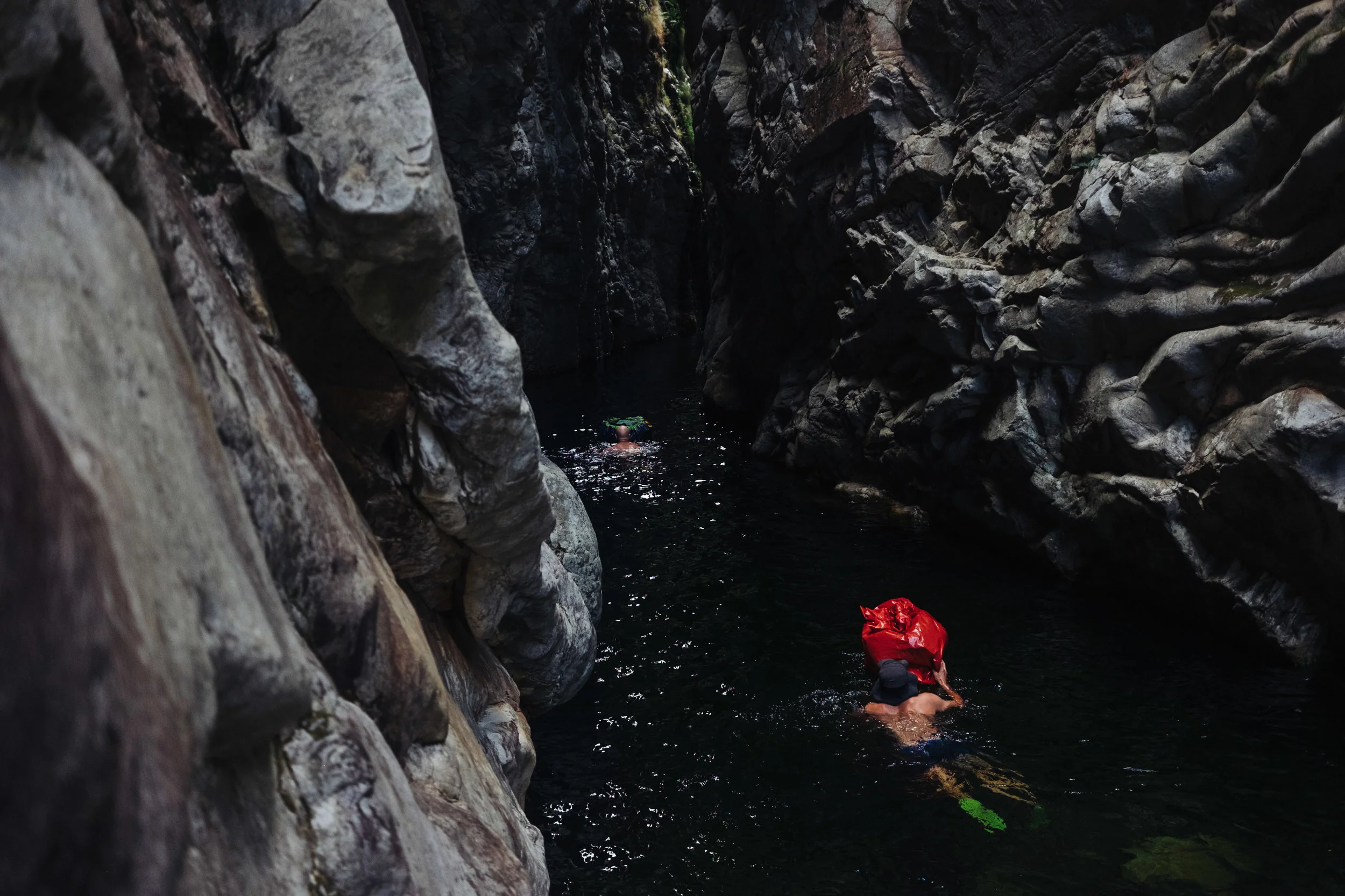 Many of the sections are so narrow you have to swim through them. In order to keep the gear dry, we used a number of sealing options to float our bags across the water