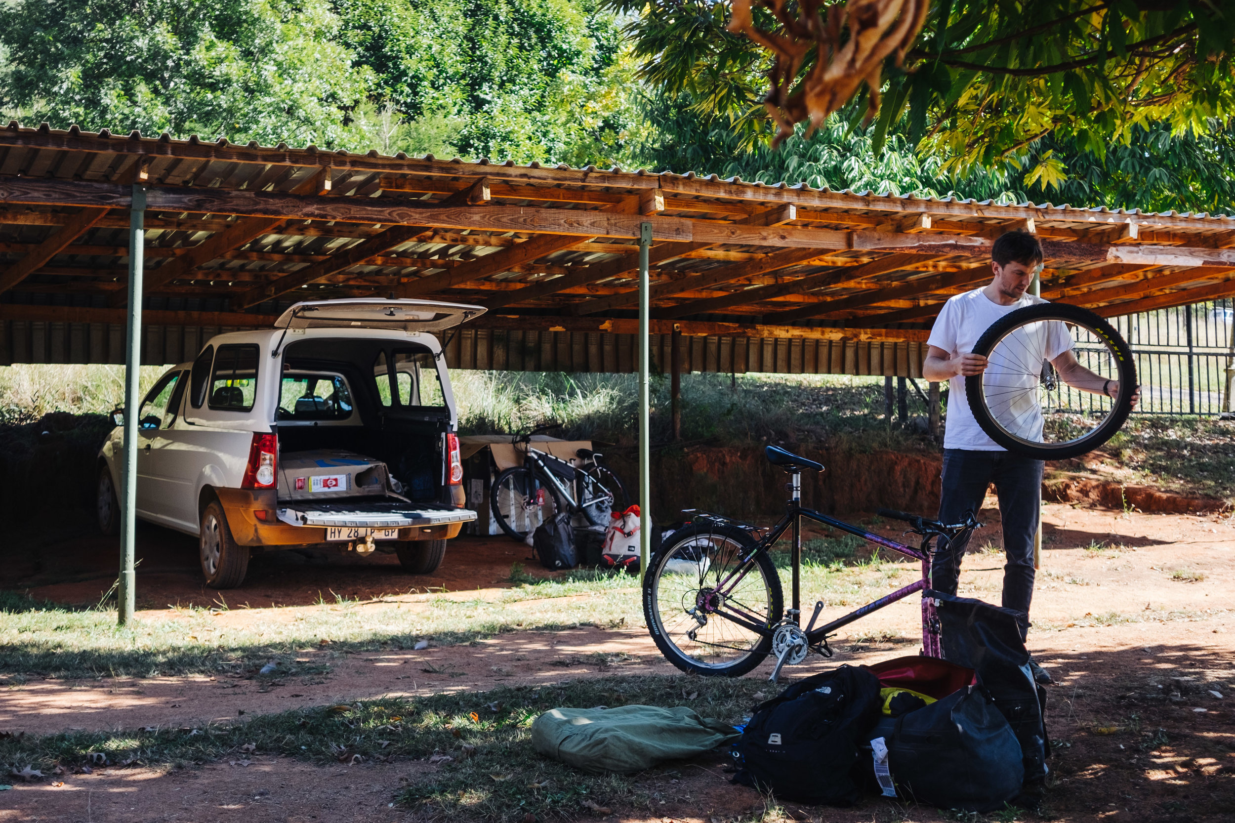 Building the bikes before getting ready to roll out, just shy of the border.