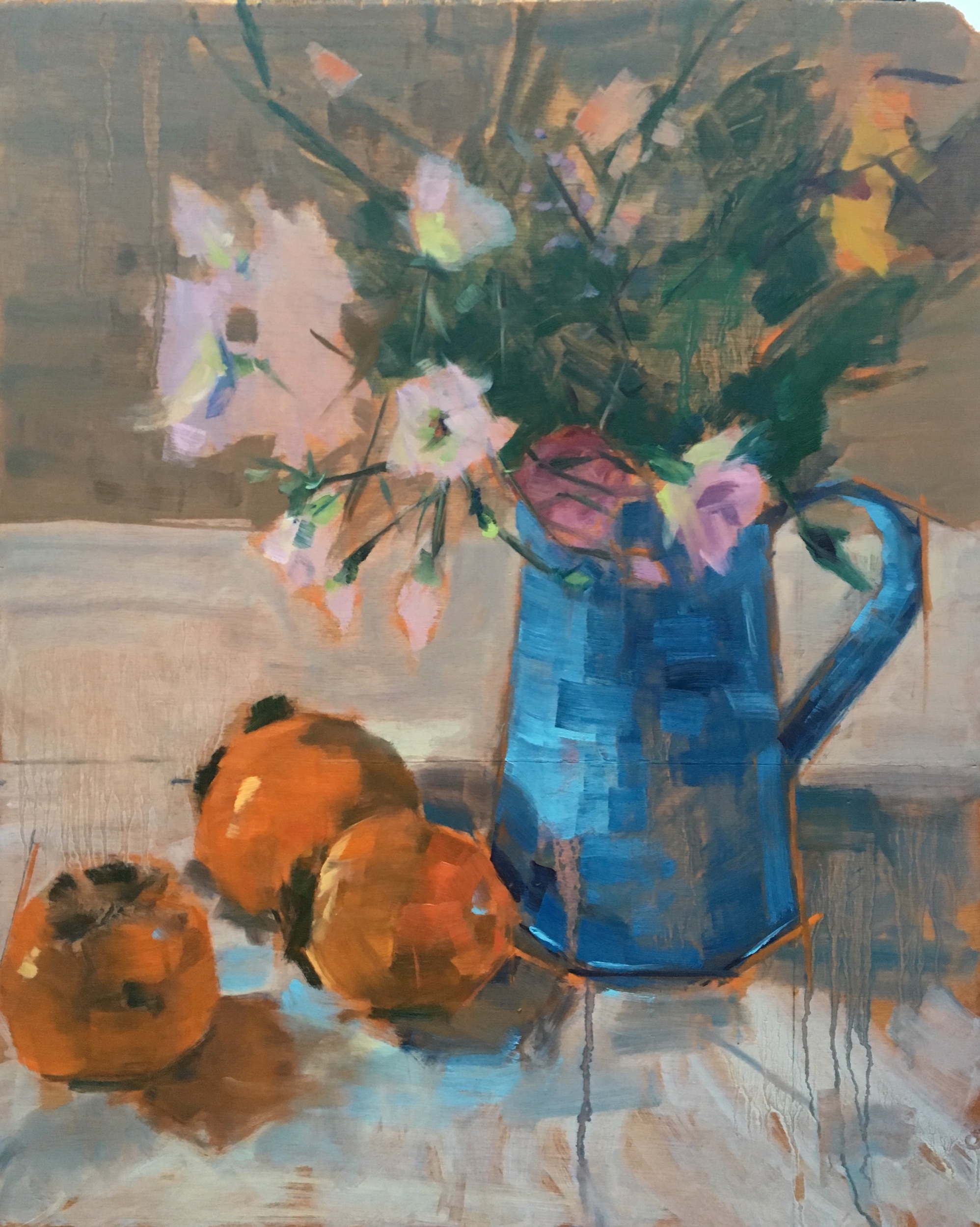 Persimmons with blue jug