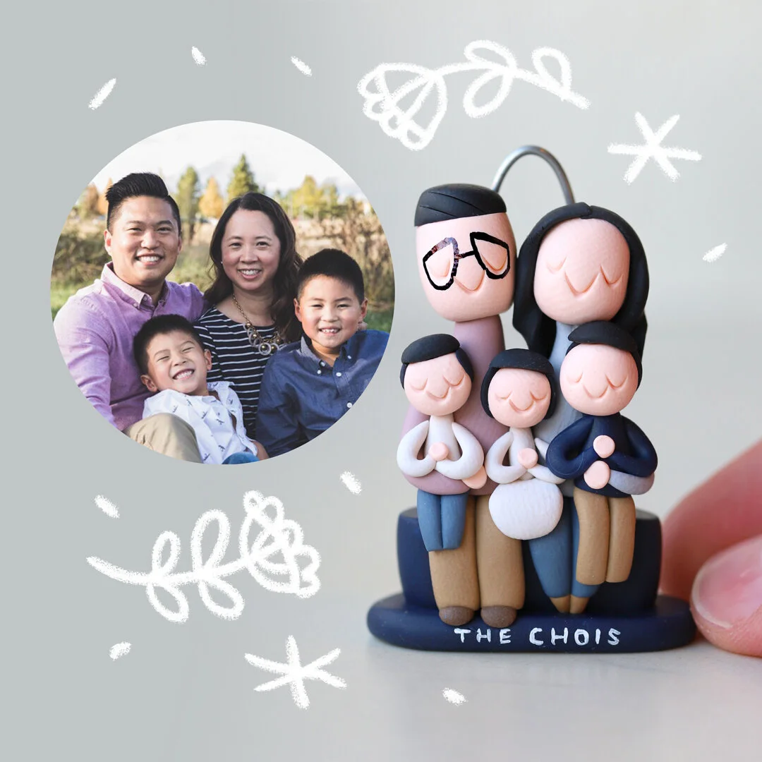 A family picture of parents and three children, and custom lavender, navy, and tan clay portrait of the family, handmade by Little Clay Land.