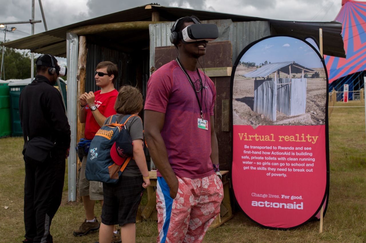 Festival-goers get the VR treatment by taking part in a virtual visit to a toilet in Rwanda to highlight how safe, clean toilets can help girls stay in school when they're menstruating.