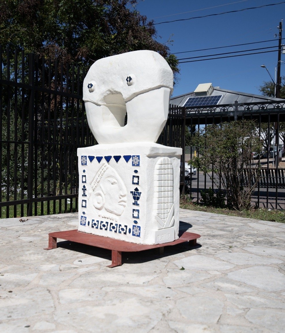 PHOTO by Philip Rogers, Two AZTEC Parrots w/blue tile , Limestone, 16 x 36 x60” , 10/24/21