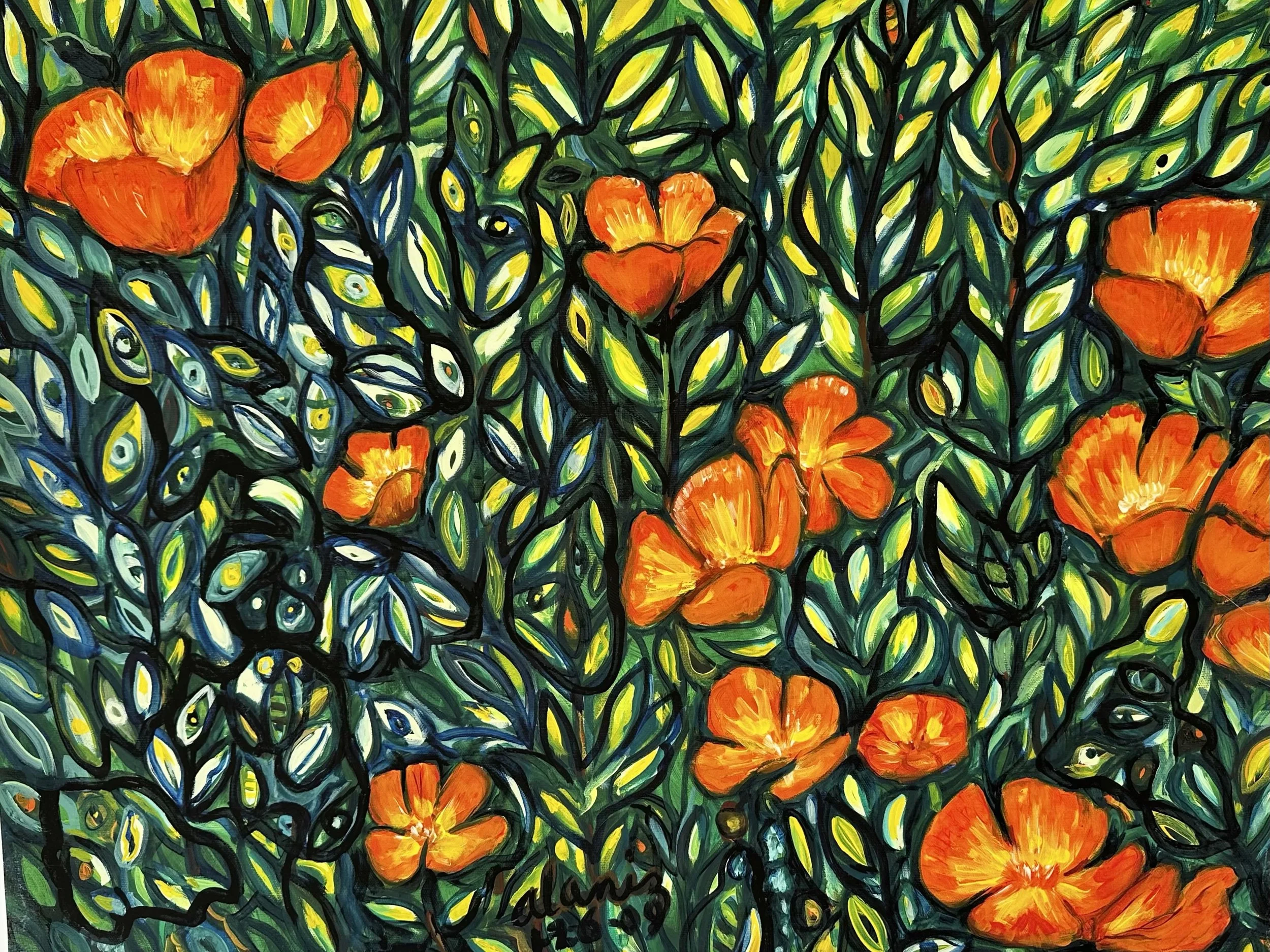 This is a print of an oil painting of wild poppies in California.