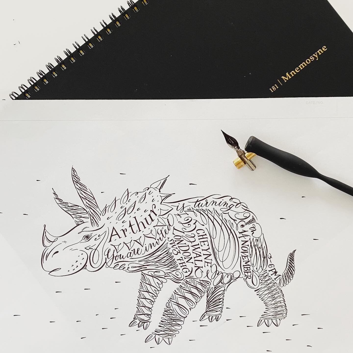 I have a dinosaur on my desk today! A draft for a client to sign off, before I prepare the final piece which is to be printed as invitation for her son&rsquo;s birthday. He loves 🦖!! 
.
.
.
.
.
.
.
.
.
.
.
.
.
.
.
.
.
.
.
.
.
.
.
.
.
.
#calligraphya