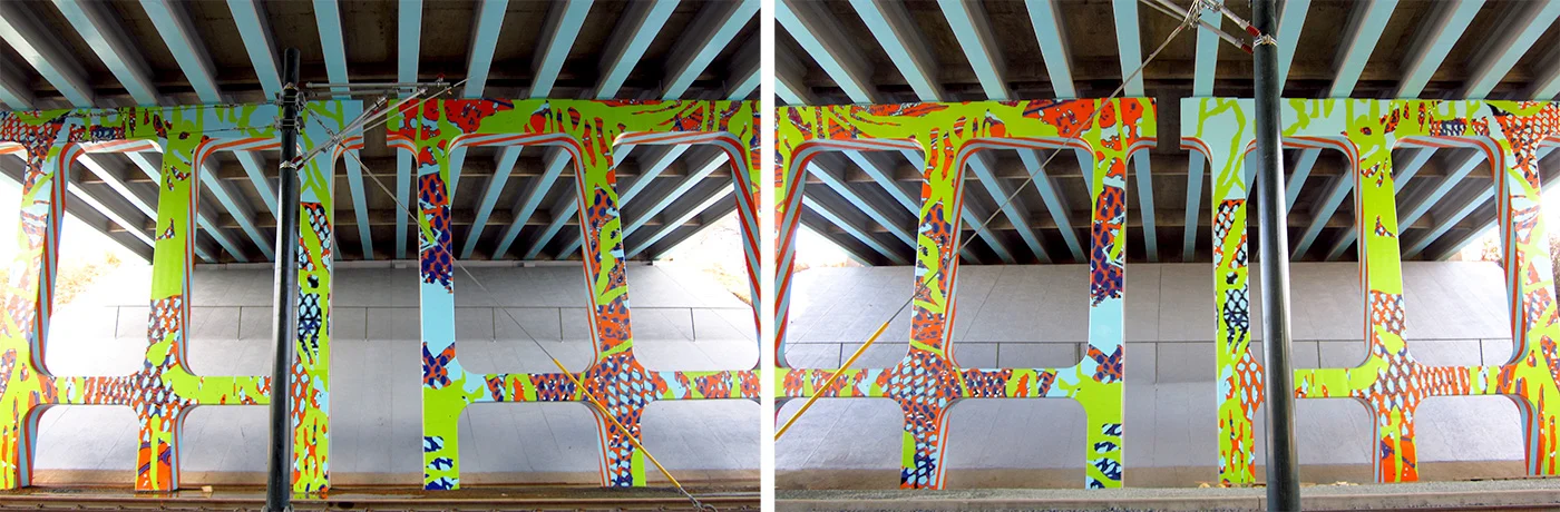 Halcyon Idyll II , 2016, CATS Transit I-277 underpass murals, Lynx Blue Line light rail, enamel on concrete