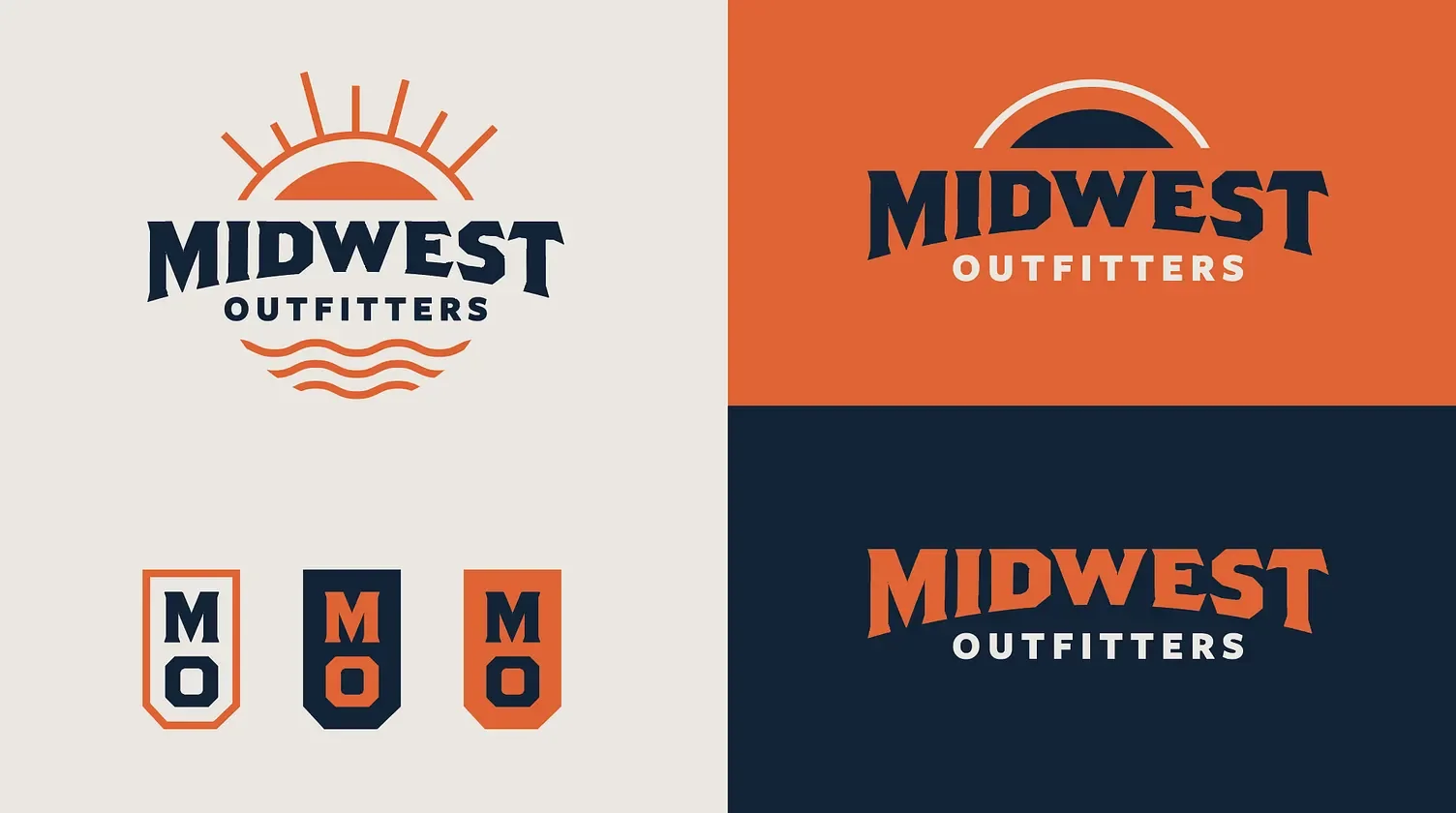 A collage of four outdoor logo designs for Midwest Outfitters. Each logo has a sun and water element with different background colors and text styles.