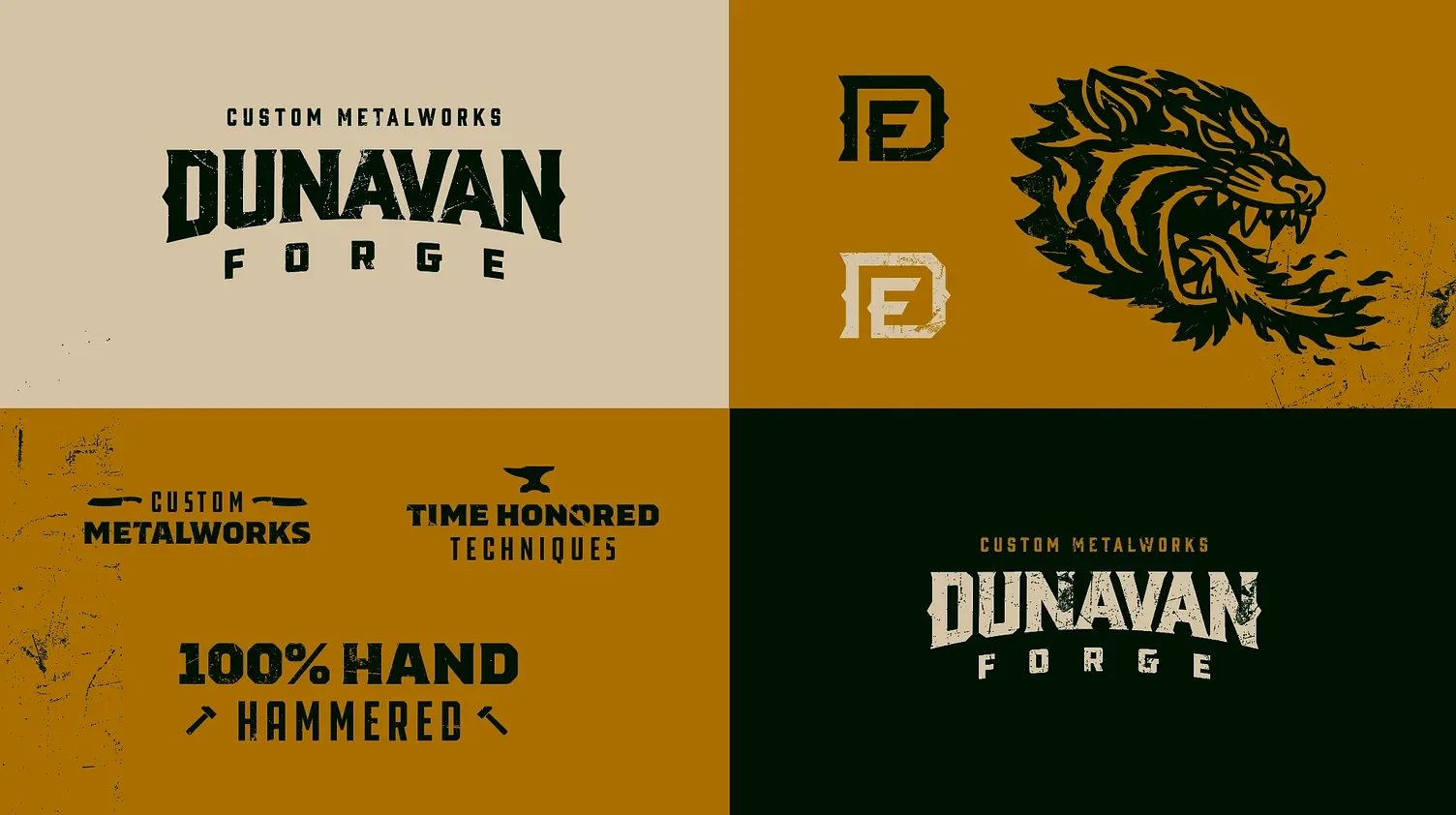 A collage of four panels featuring logos and text for Dunavan Forge, highlighting custom metalworks, hand-hammered techniques, and a fierce lion graphic.