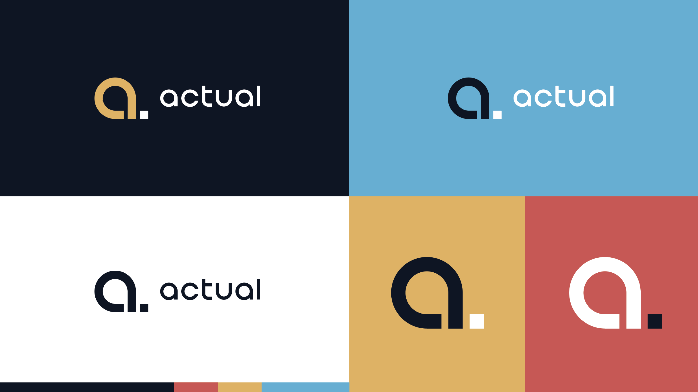 A collage of four colorful backgrounds featuring the same logo and text. The logo is a stylized letter 'a' with a dot and an underscore, and the text reads 'actual.' The backgrounds are navy blue, sky blue, white, mustard yellow, and red.