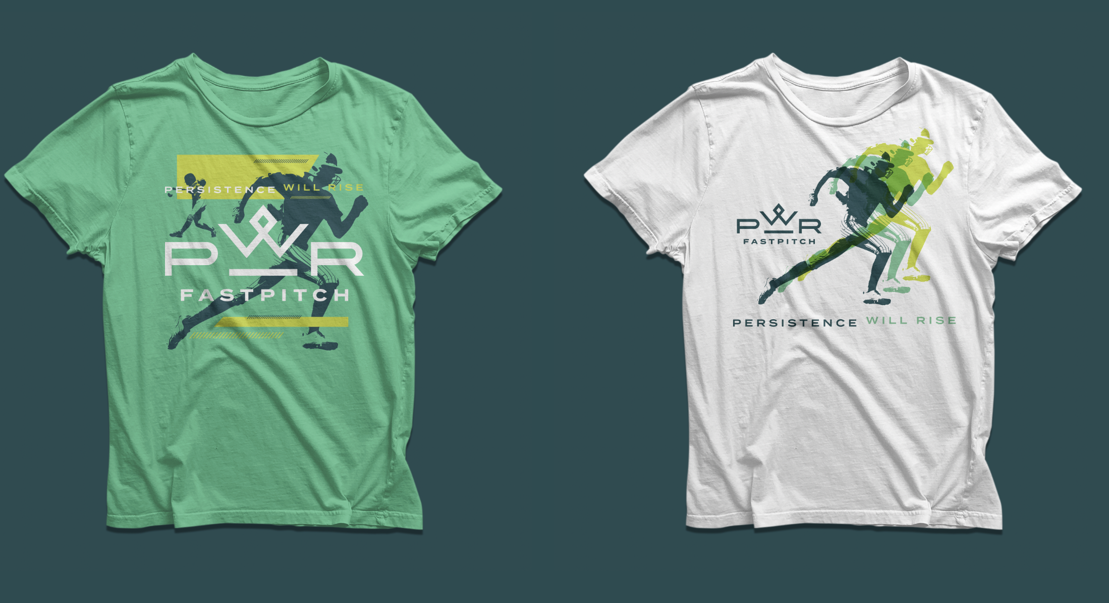 Two graphic t-shirts with athletic designs. The left shirt is green with silhouettes of runners and sports-related graphics, and the right shirt is white with a stylized runner graphic and text about persistence and a fast pitch theme.