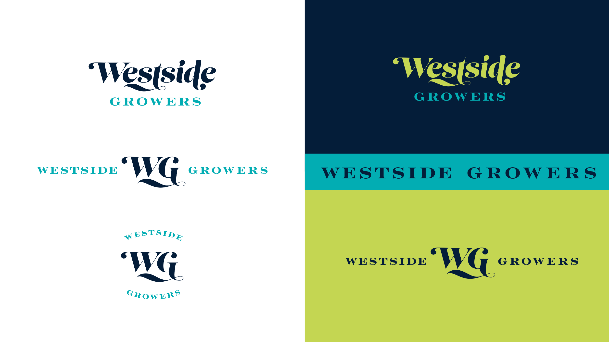 Various logo designs for Westside Growers, featuring stylized text and emblem variations on different background colors.