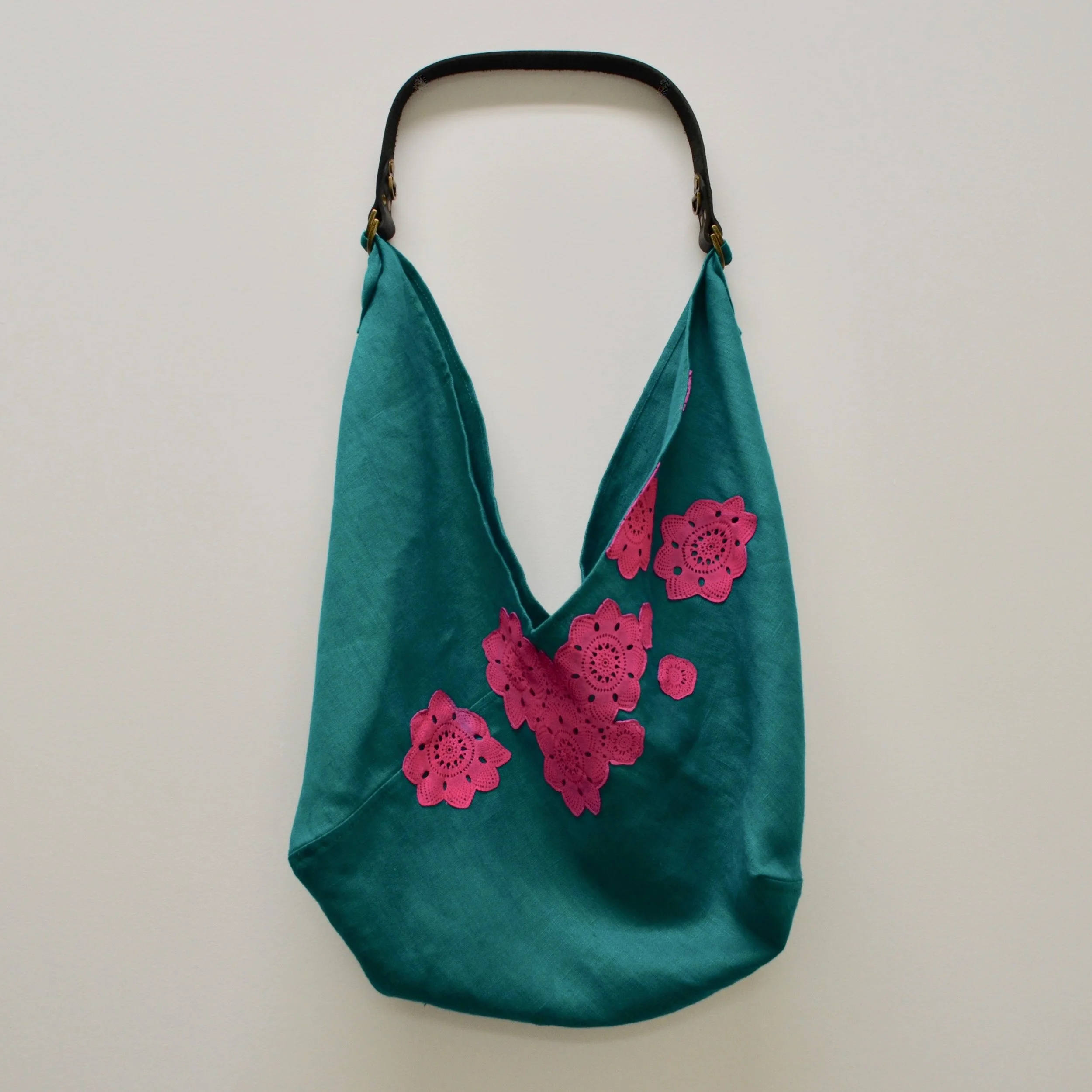 ooak teal leather lace appliqué