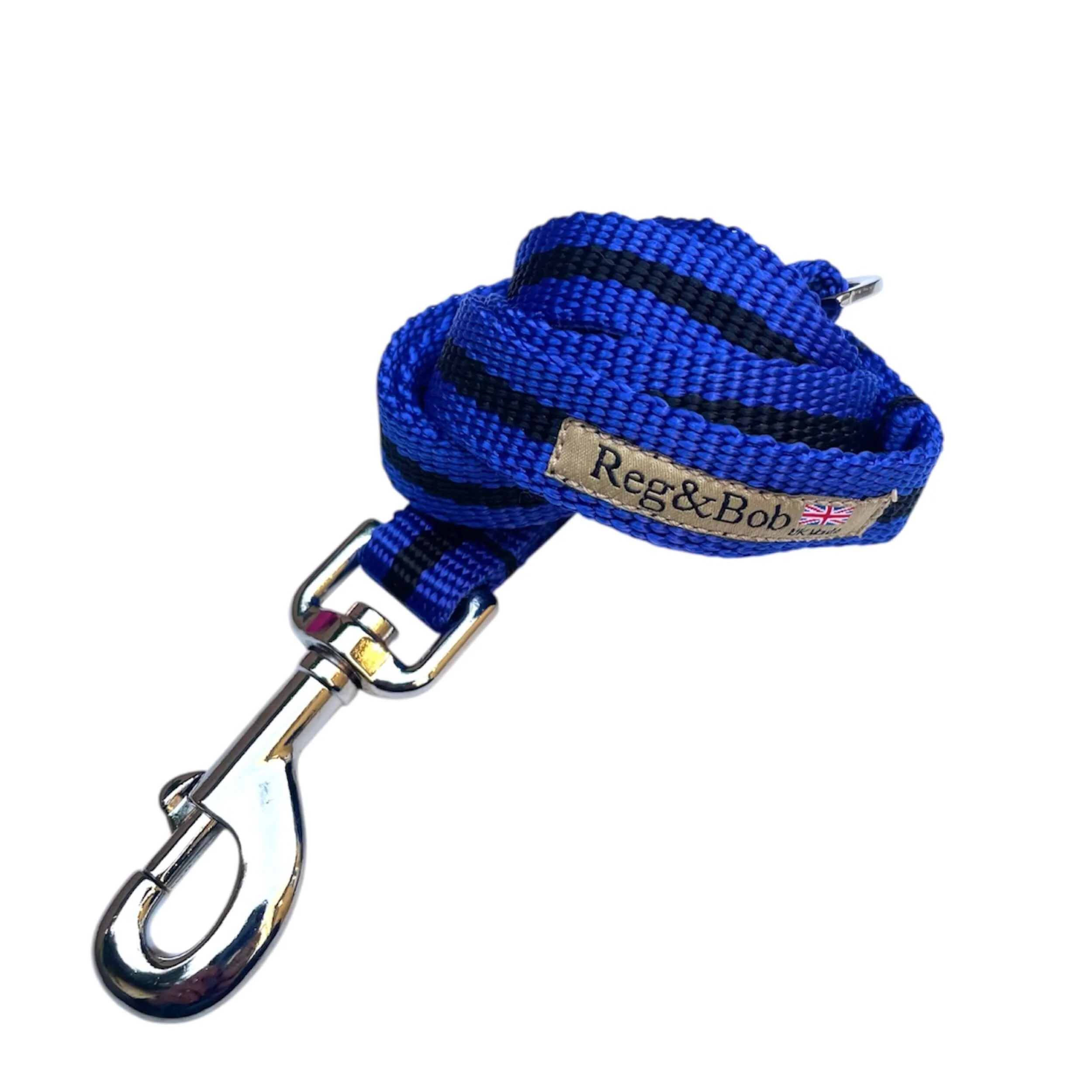 blue striped dog lead by Reg&Bob with looped handle with added D ring