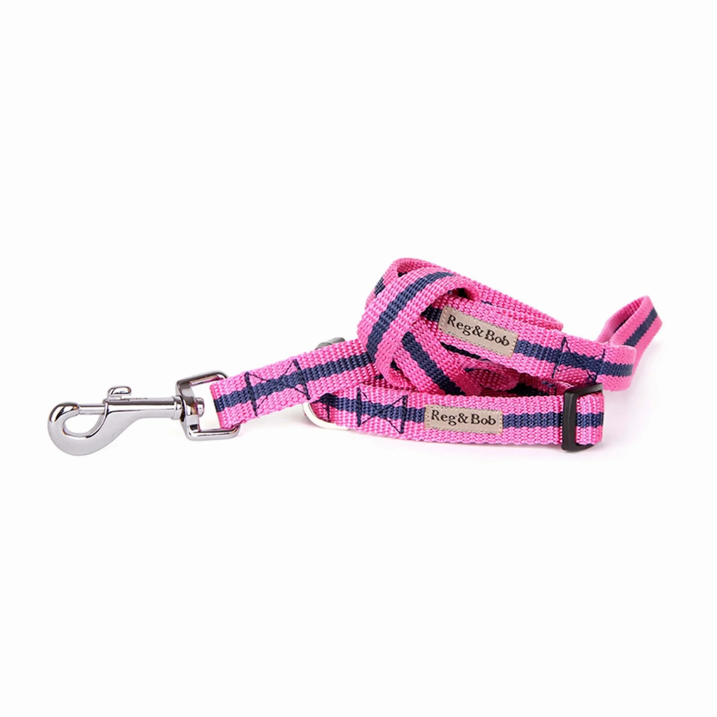 pink collar and lead set by Reg&Bob with navy stripe