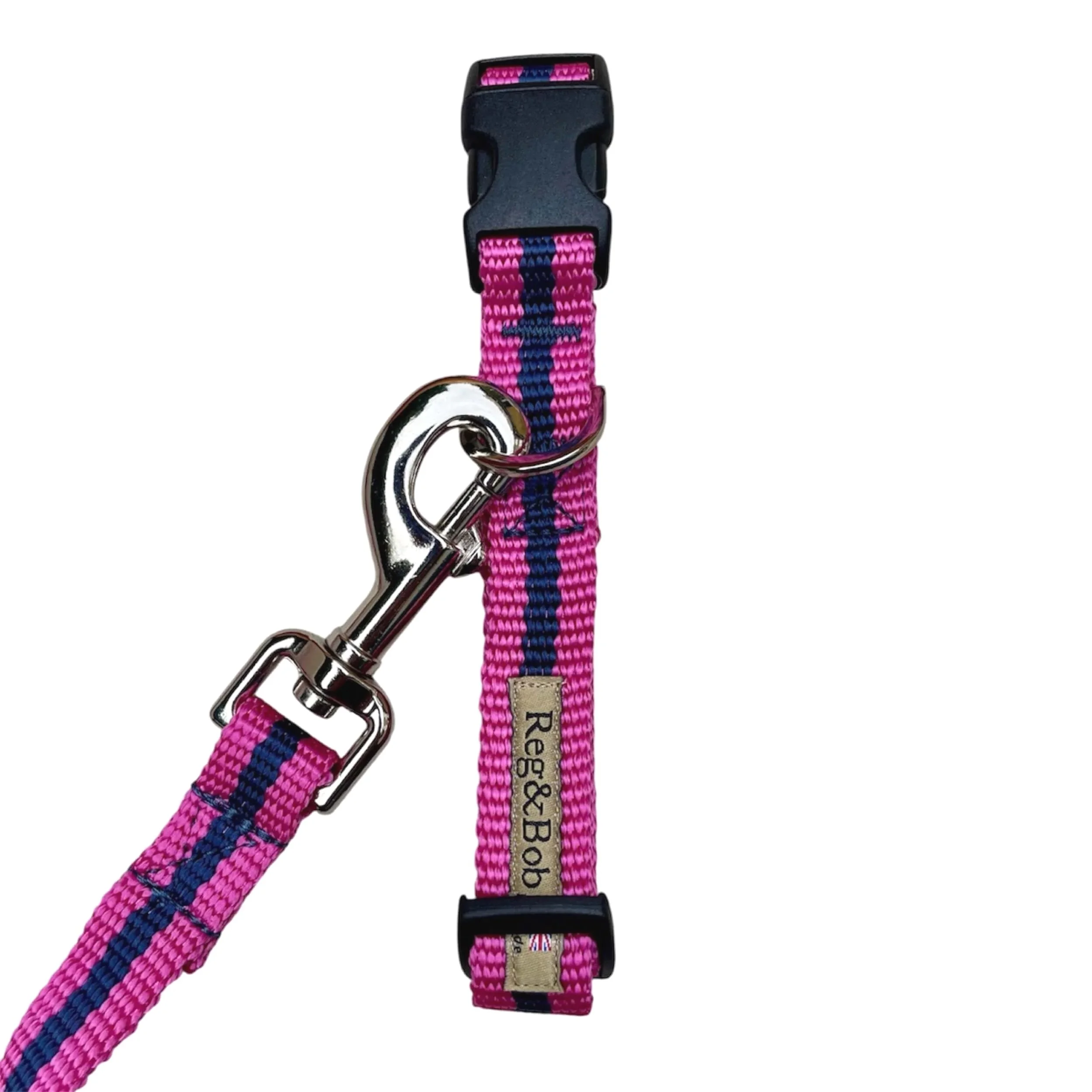 S/M collar in Reg&Bob's pink striped webbing with the standard matching lead attached