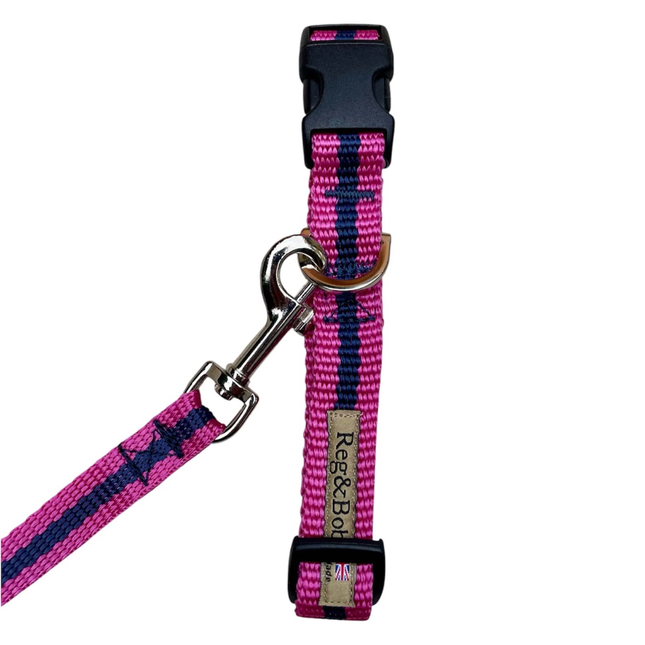 S/M collar in pink striped webbing with matching Reg&Bob lead in SMALL size