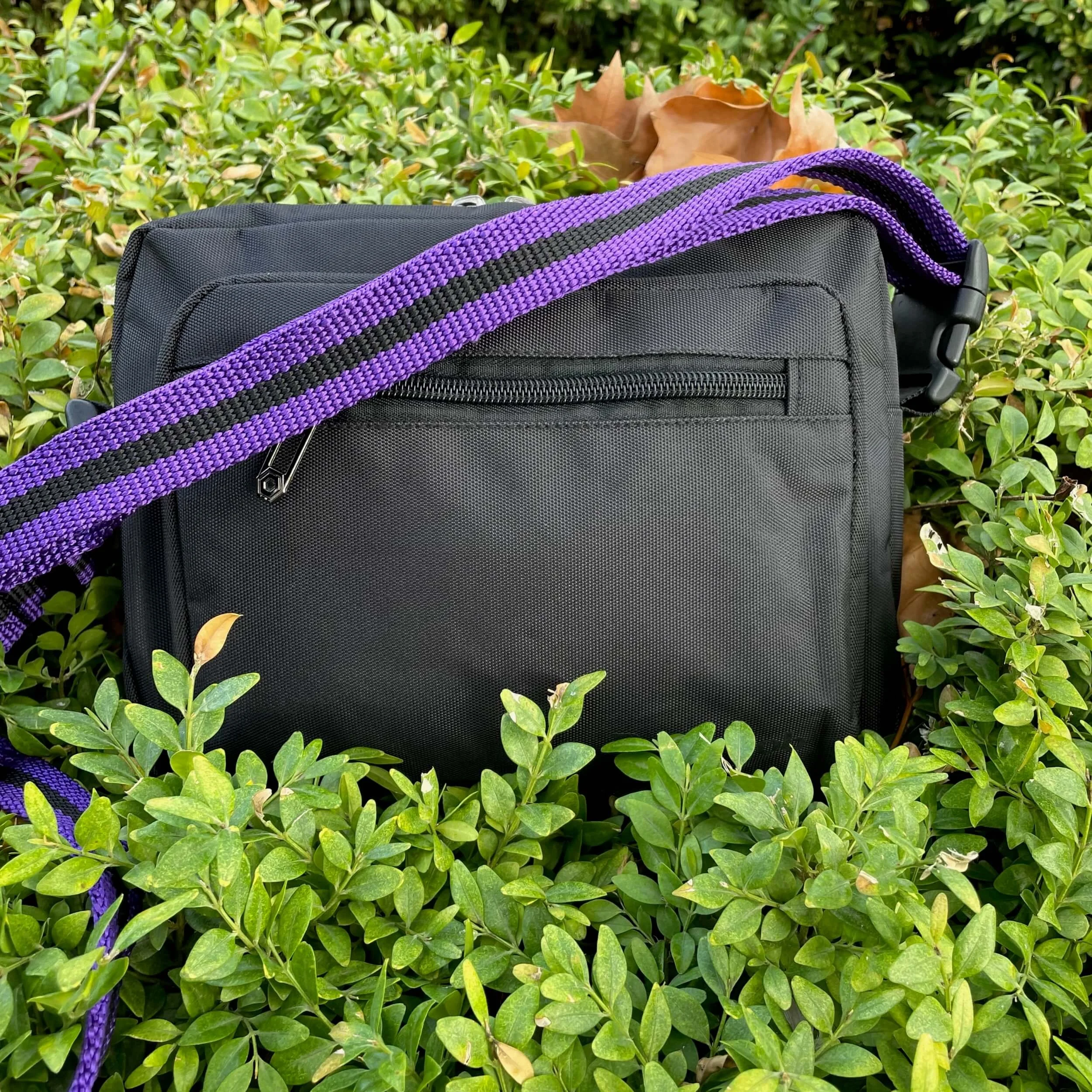 Black crossbody dog walking bag with PURPLE or BLUE striped strap