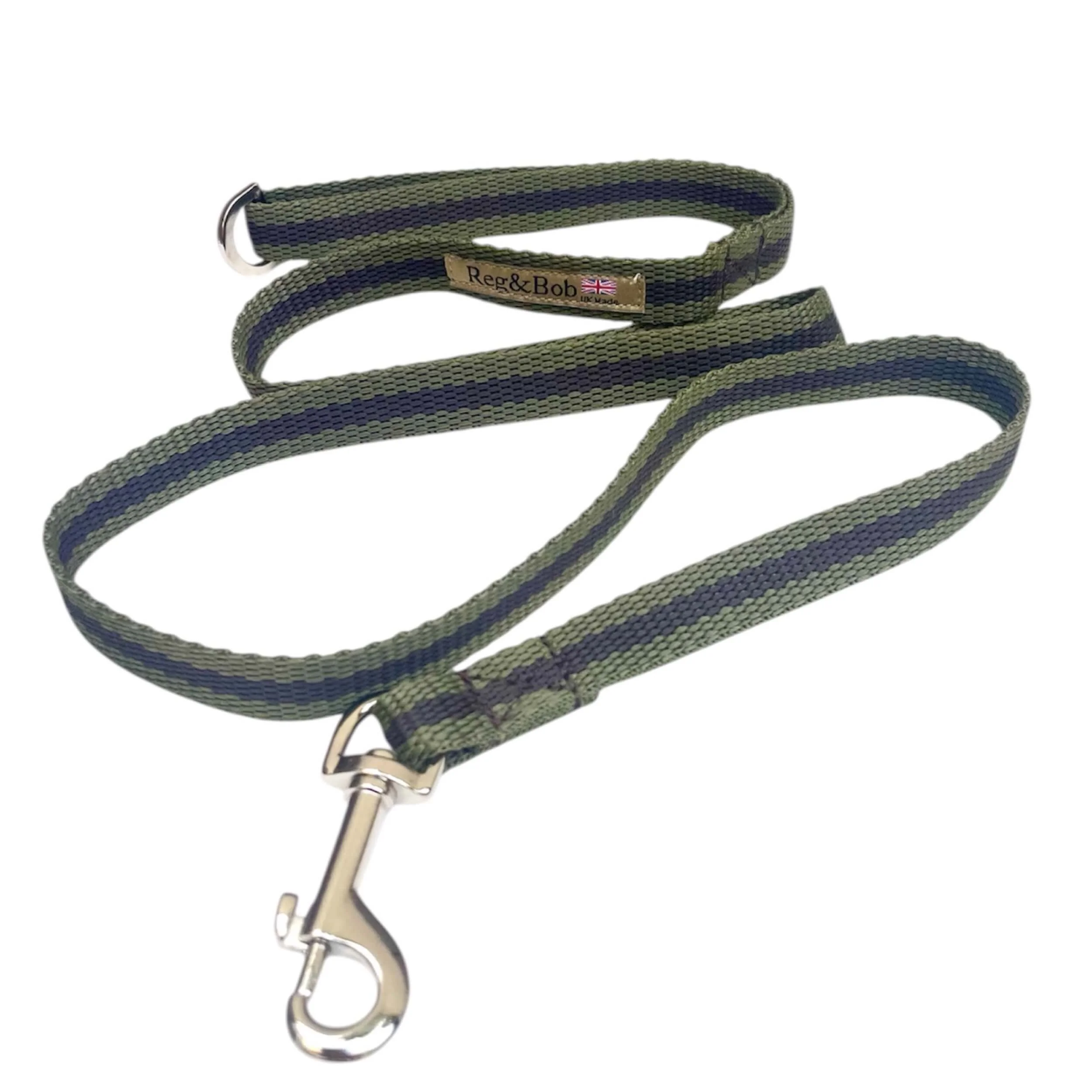 khaki small dog lead by reg and bob on white background