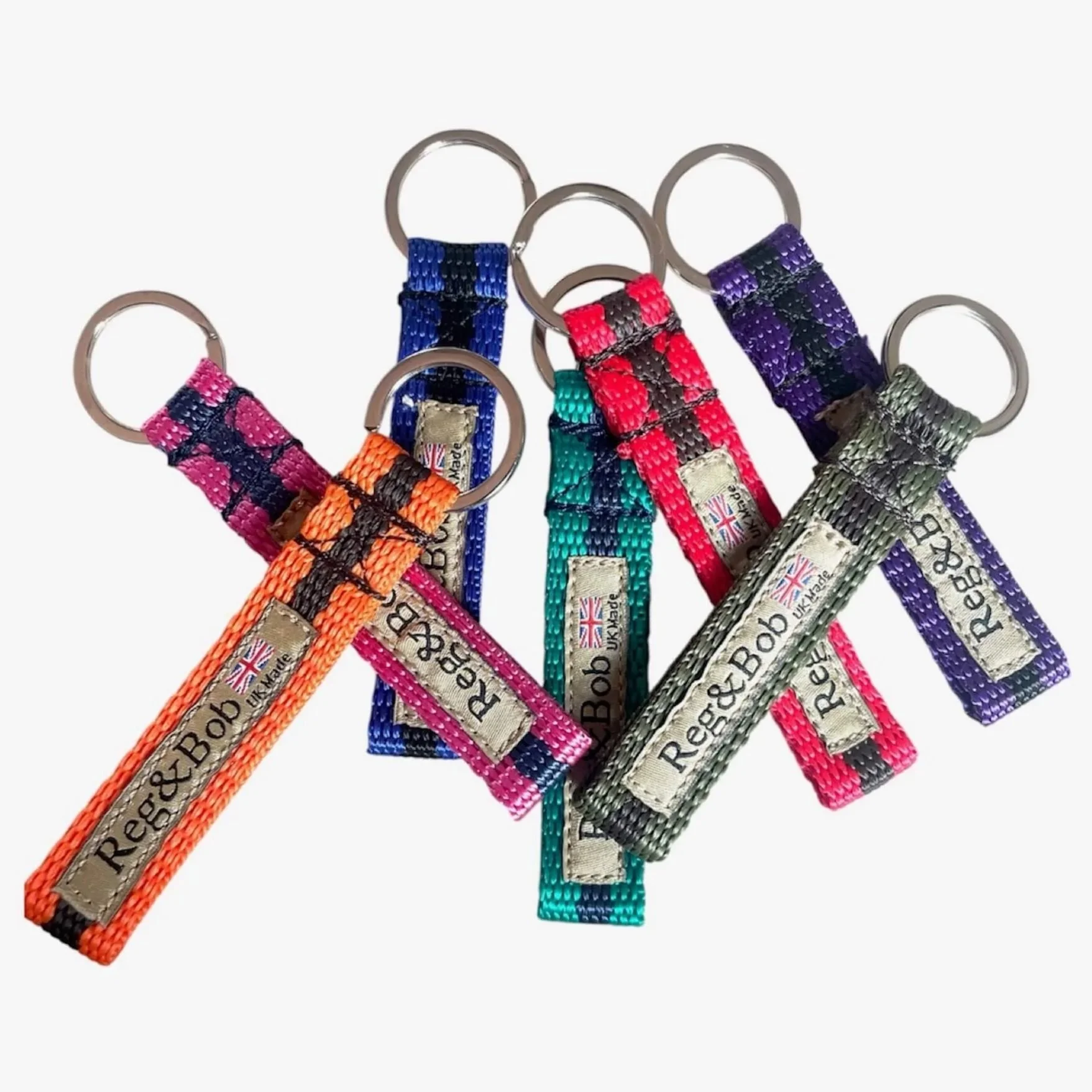 range of coloured striped Reg&Bob bespoke keyrings.jpg