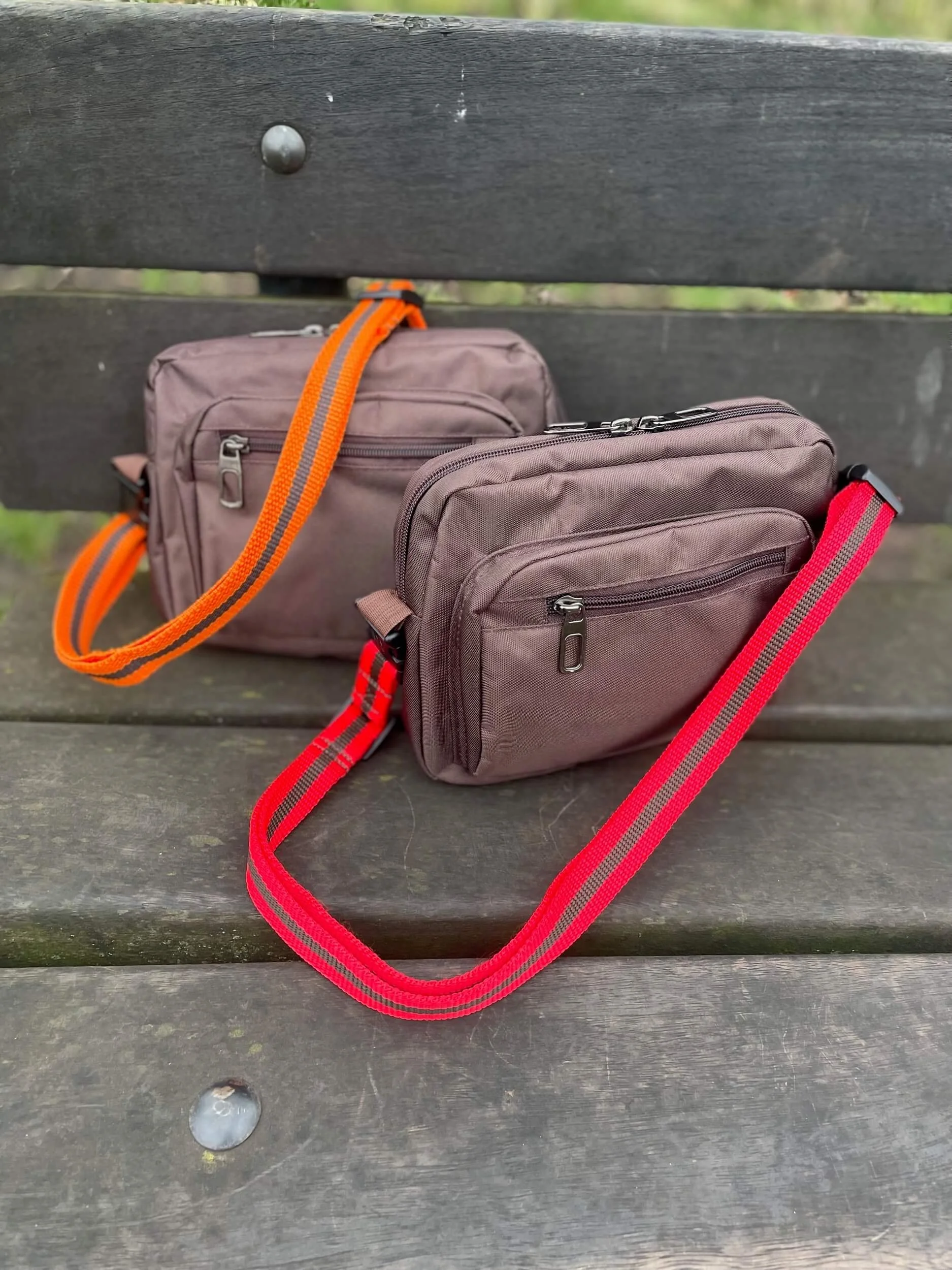 Crossbody dog walking bag - BROWN with RED or ORANGE  striped strap