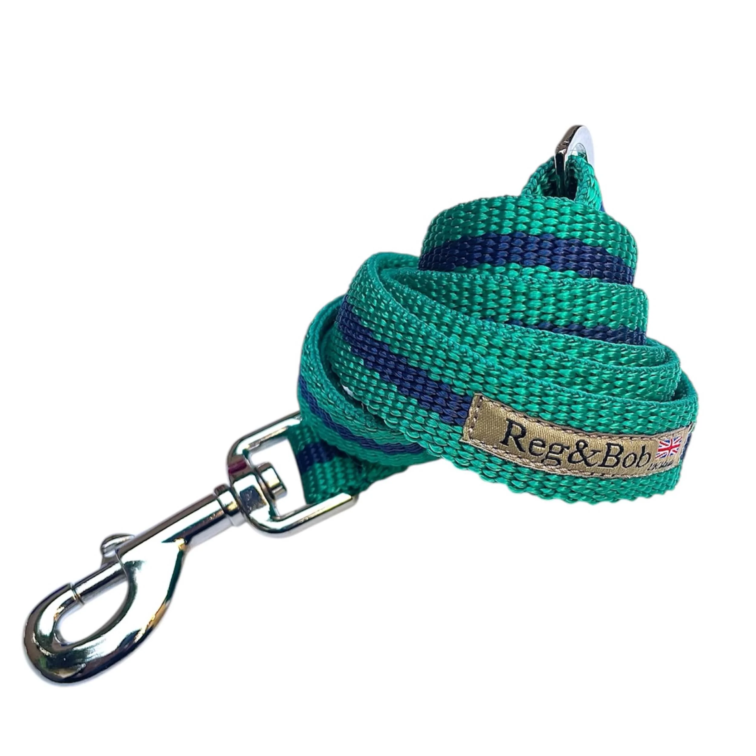 Jade and navy striped dog lead by Reg&Bob with stainless steel trigger and looped handle with D ring