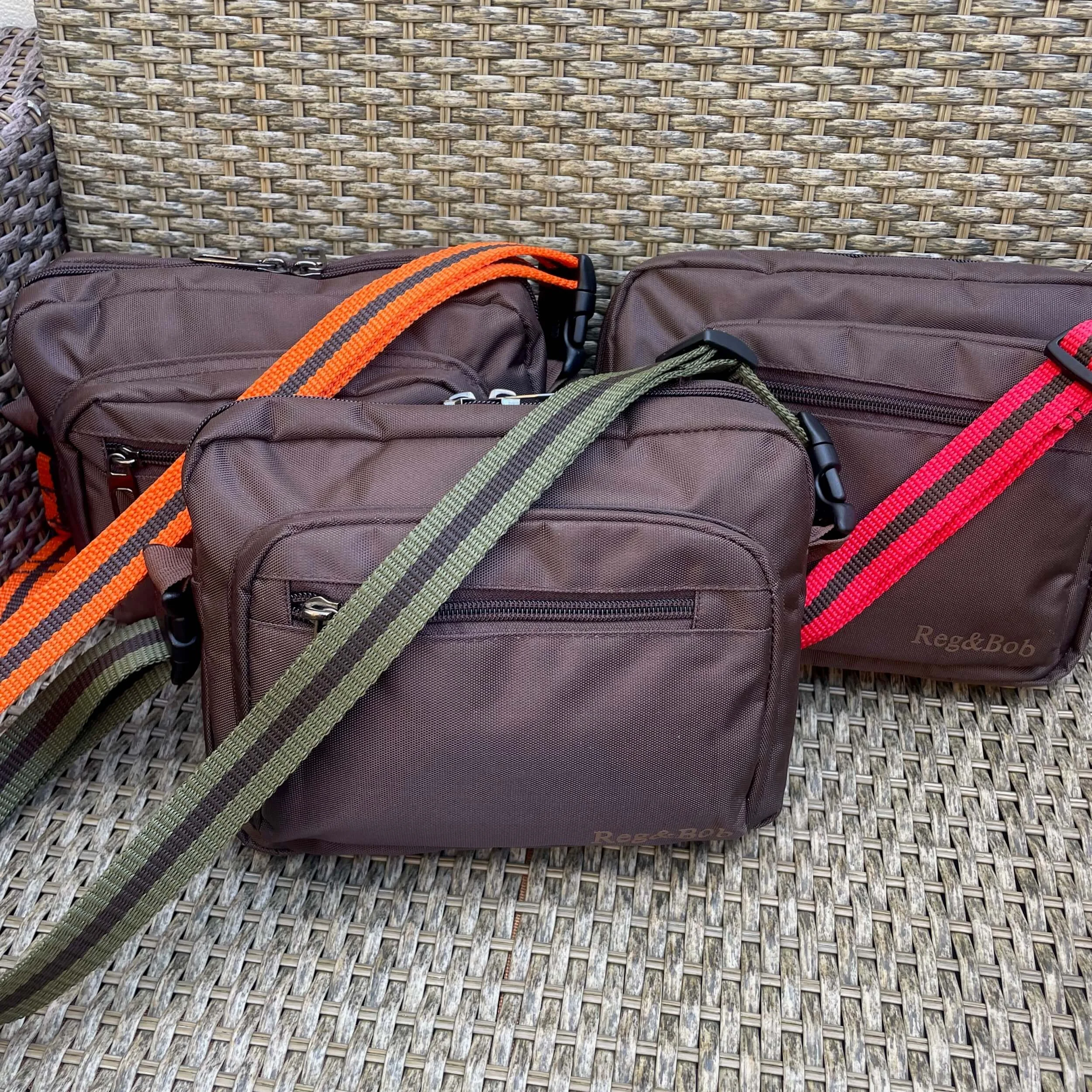 Crossbody dog walking bag - BROWN with RED, ORANGE or KHAKI  striped strap
