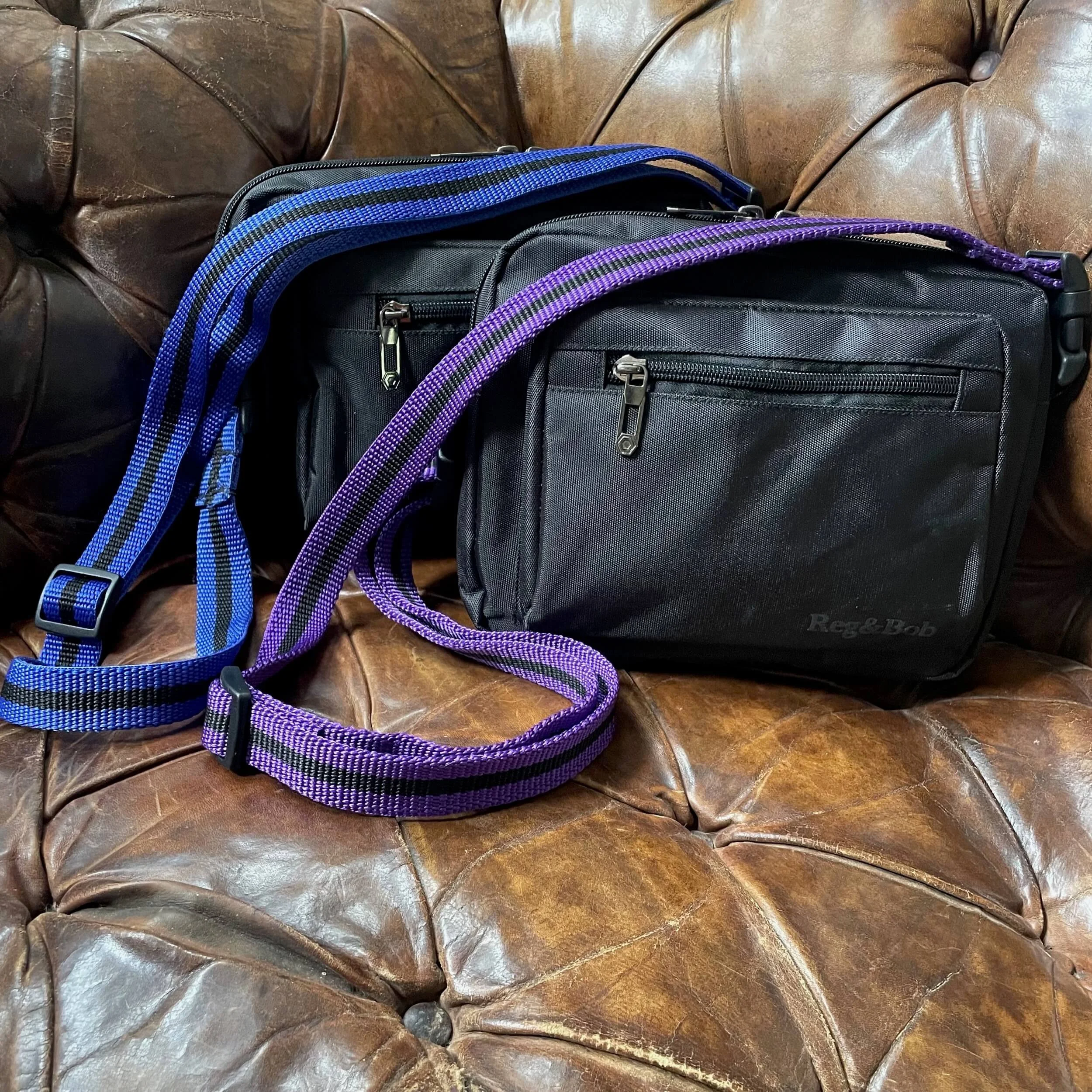 Black crossbody dog walking bag with PURPLE or BLUE striped strap
