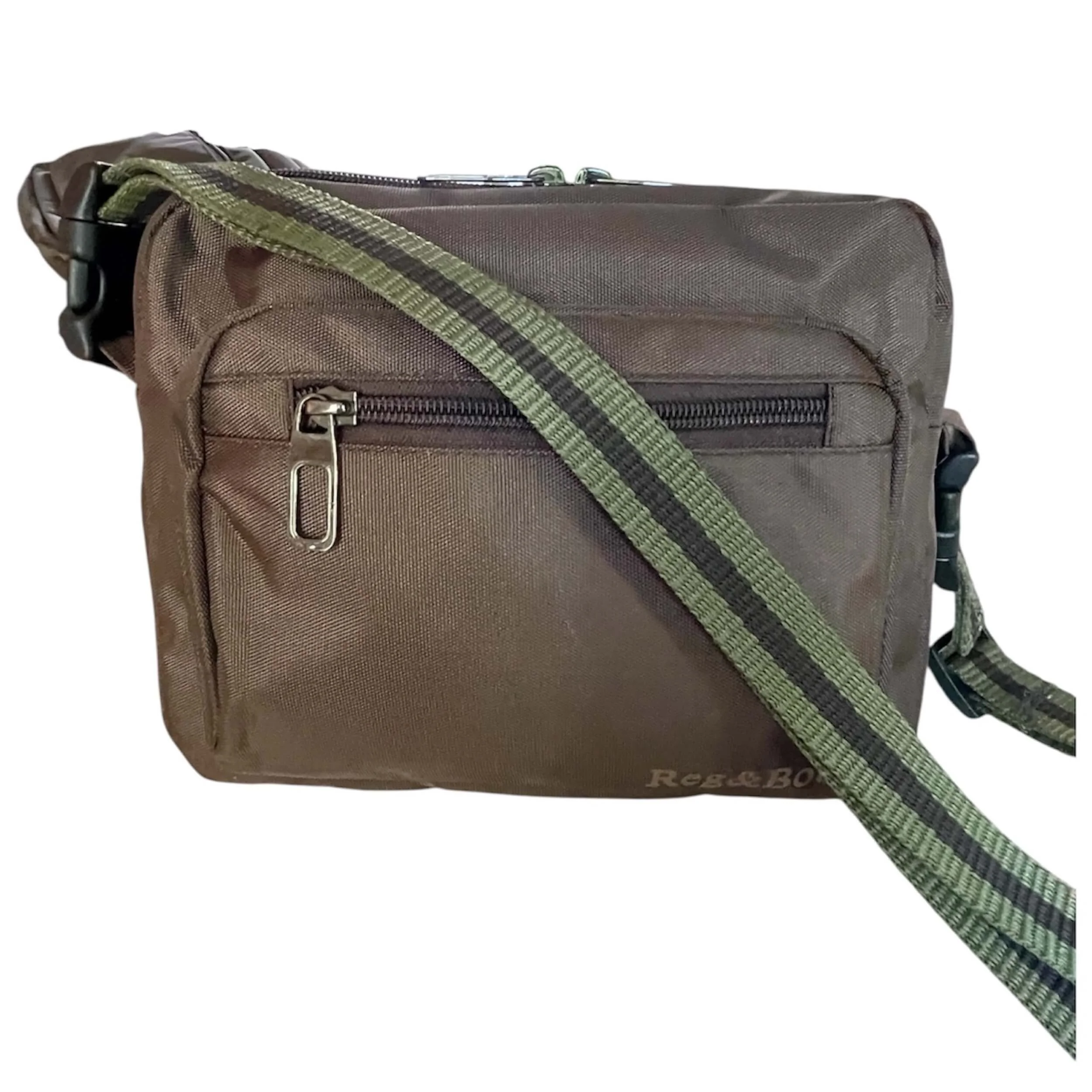 brown Reg&Bob dog walking bag with khaki striped strap