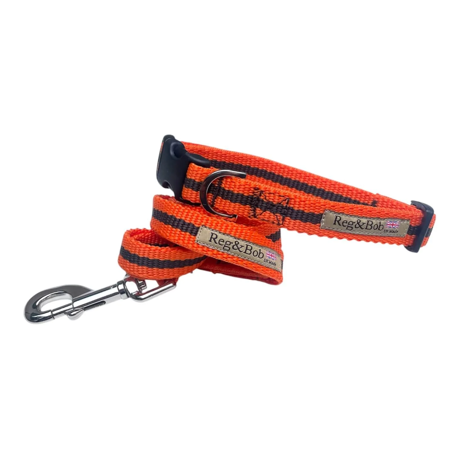 orange and brown striped dog collar and lead set by Reg&Bob