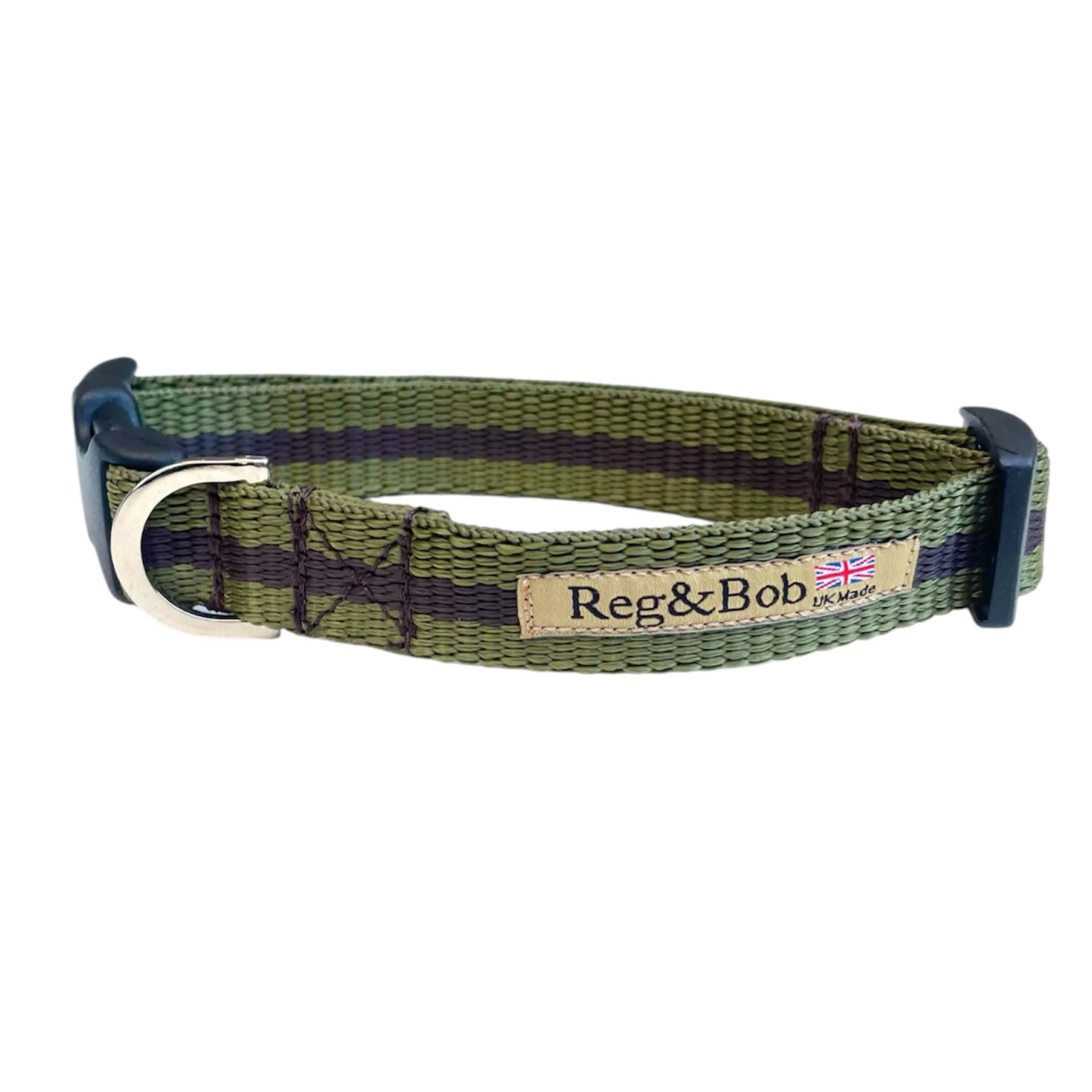 khaki dog collar with Reg&Bob label showing union jack flag