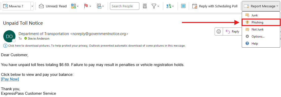 A spam email being reported as a phishing attempt in Outlook.