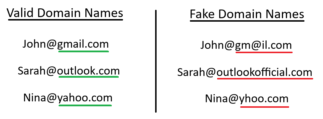Two categories of text, side by side. The left category is titled "Valid Domain Names," and lists 3 examples of valid domain names. The right category is titled "Fake Domain Names," with examples of fake domain names.