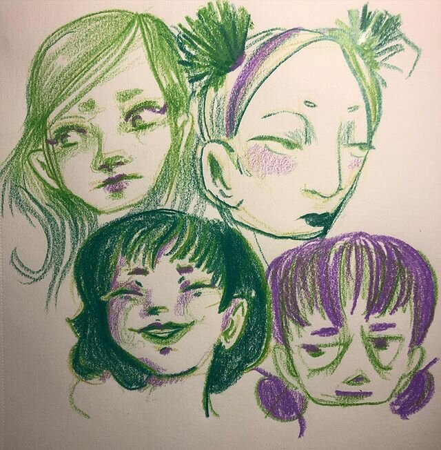 A couple o lady faces before bed. Green and purple are cool I think 🤔 .
.

#art #doodle #sketch #primacolor #coloredpencil #faces #characterdesign #characterart #green #purple #illustration