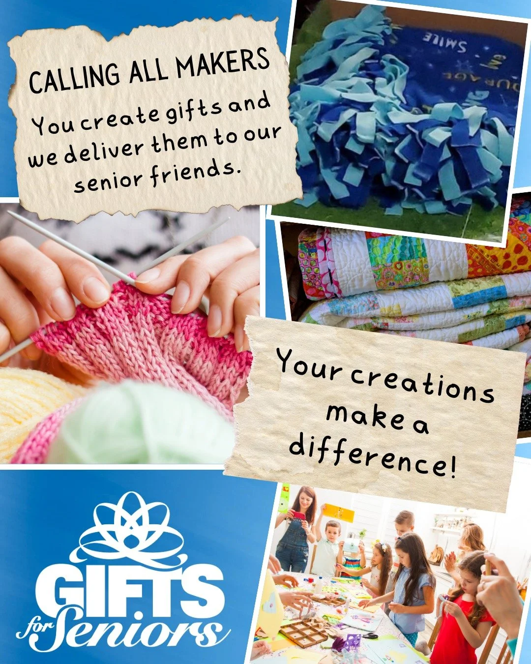 Does your group love to make homemade items and crafts? You are invited to create your gifts! Here&rsquo;s a few ideas:

knitters and crocheters - hats, scarves, gloves, artwork
quilters - blankets, throws, lap blankets, table runners
sewers - totes,