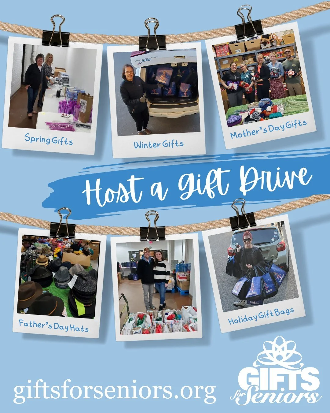 Your group is invited to host a gift drive or fundraiser to support Gifts for Seniors&rsquo; critical community programs for vulnerable older adults. Program options in need of support:

Gifts for Seniors - basic needs for living and aging well
Food 