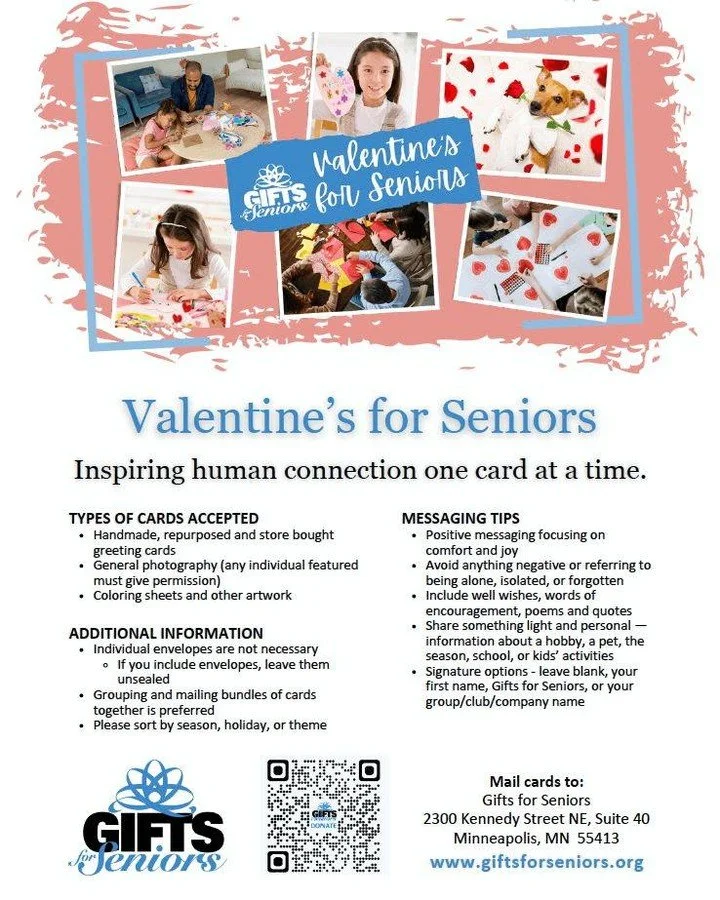 Make Valentine's for Seniors and bring joy to those who often feel forgotten over Valentine's Day! Our Valentine&rsquo;s Day themed gift drive will take place throughout the month of February. Please consider donating directly in support of our year-