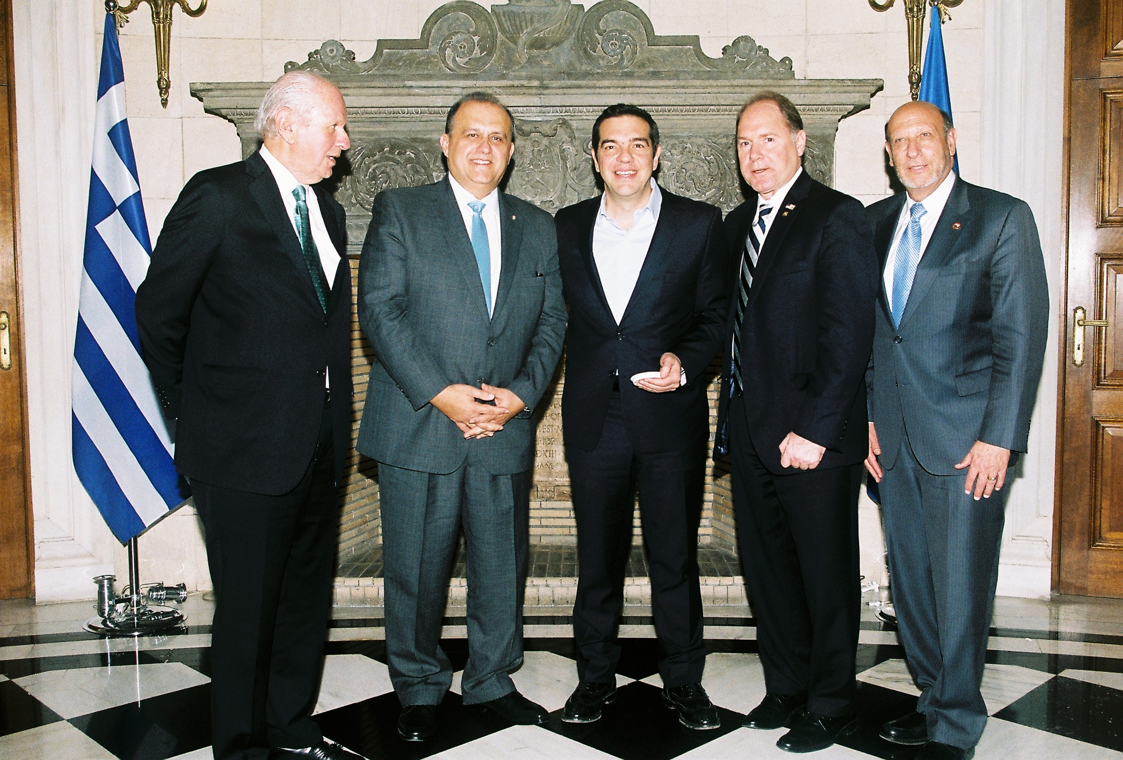  (L-R) Delegation Heads Stephen Greenberg, Chairman of the Conference of Presidents of Major American Jewish Organizations;&nbsp;Nick Larigakis, President of AHI; Prime Minister Alexis Tsipras, Prime Minister of Greece; Carl R. Hollister, Supreme Pre
