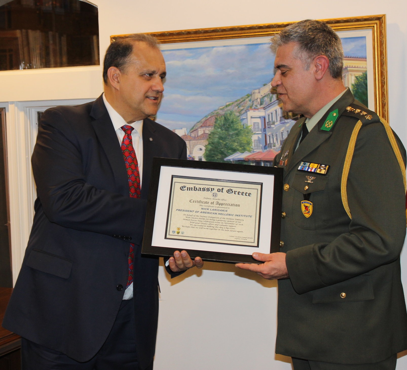   President Nick Larigakis (L) Receives Certificate of Appreciation From Defense Attaché Colonel Vasileios Lampropoulos (R)  