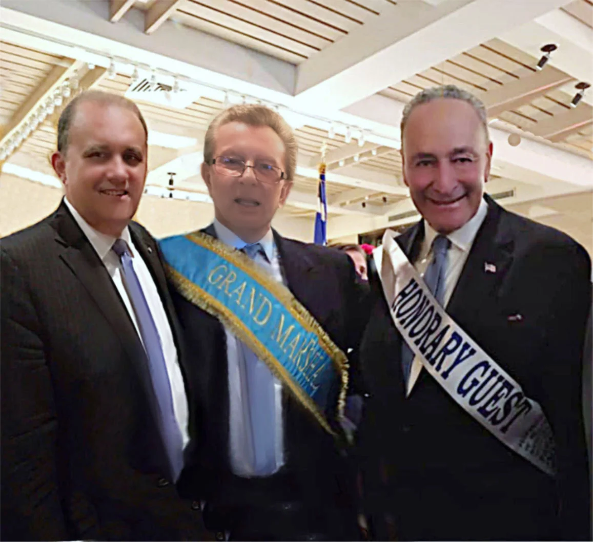 (L-R) President Nick Larigakis, Grand Marshal George Marcus, & Senate Minority Leader Chuck Schumer, (D-NY)