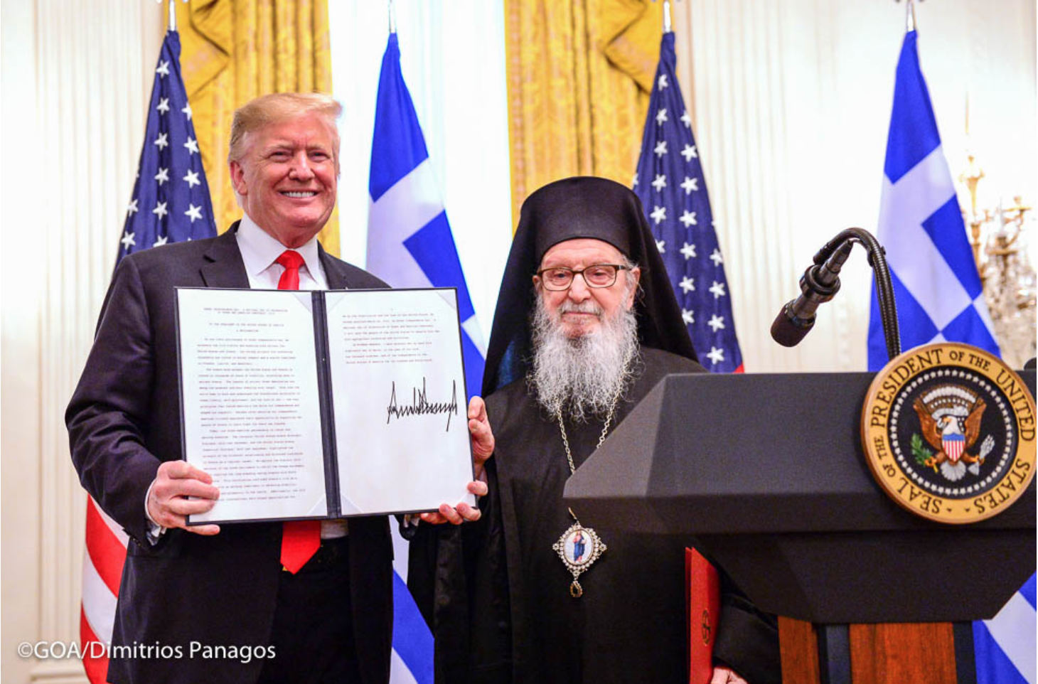 President Donald Trump (L) With Archbishop Demetrios, Geron of America