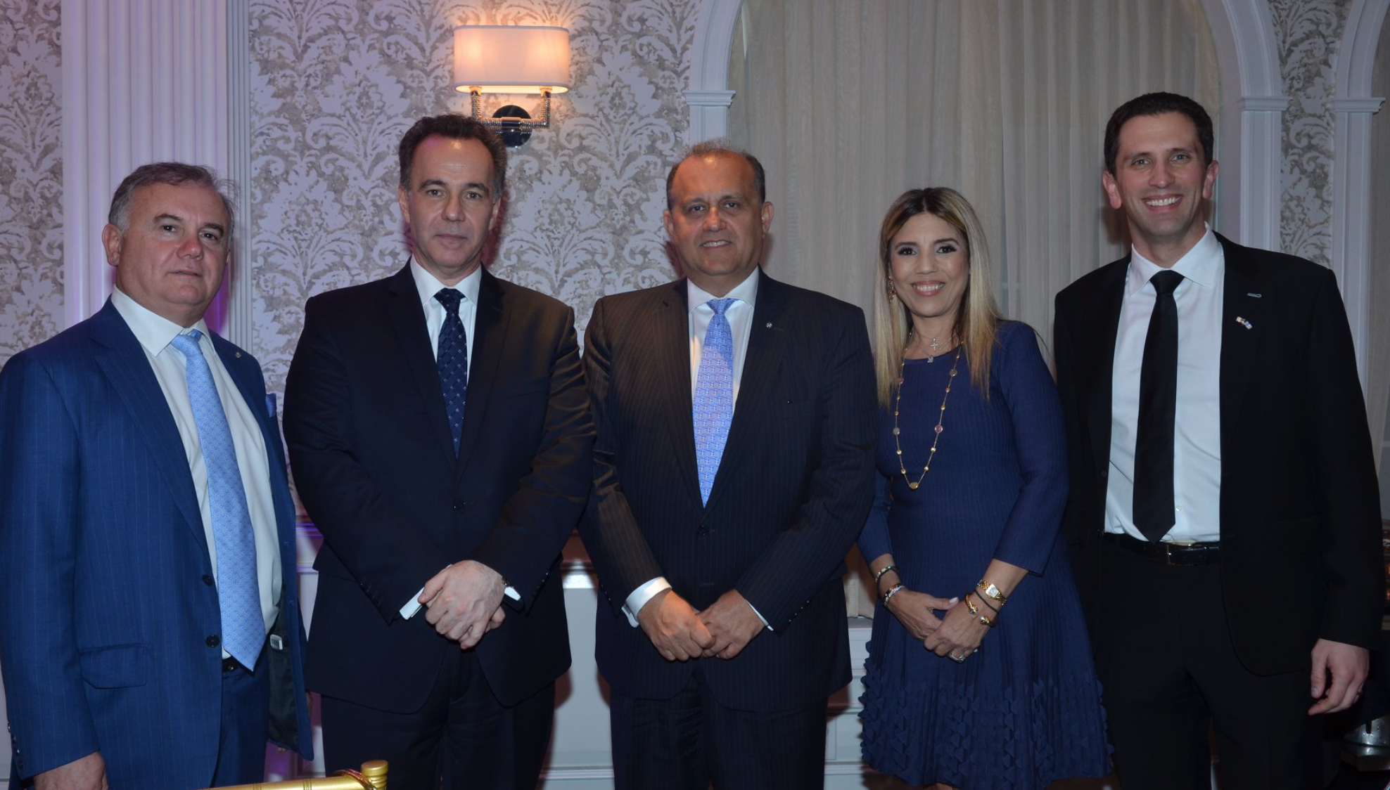 (L-R) AHI Board Member Demitrios Halakos, Philadelphia Grand Marshal, NY Consul General of Greece, Konstantinos Koutras, Nick Larigakis, Georgia Halakos, President of the federation of Hellenic American Society of Philadelphia & Greater Delaware Valley, and John Vasiliou AHI mentor and MC of the Philadelphia Parade Dinner, the Eleftheria Banquet