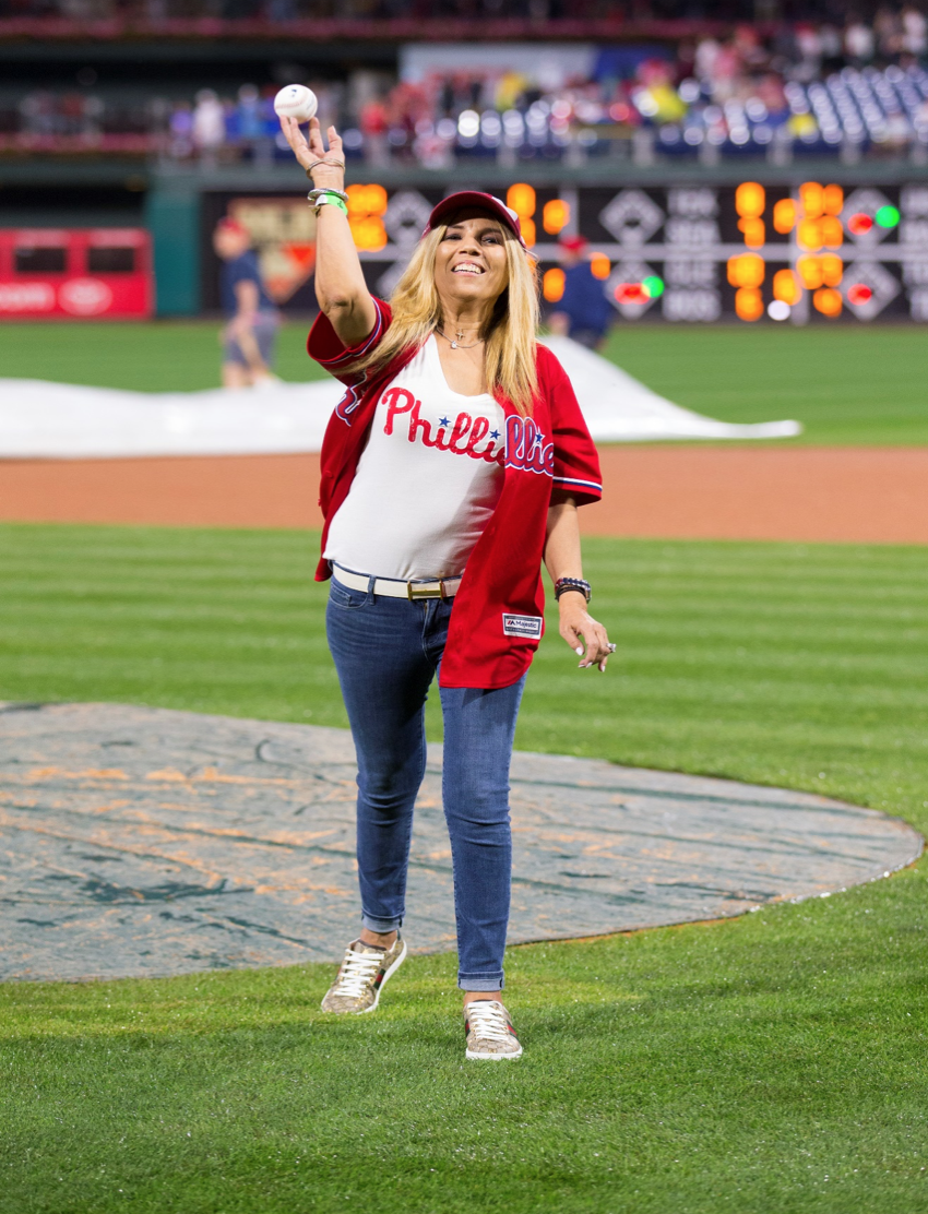  Mrs. Georgia Halakos, president, Federation of Hellenic-American Societies of Philadelphia and the Greater Delaware Valley, throwing out the ceremonial First Pitch (courtesy of the Philadelphia Philles) 